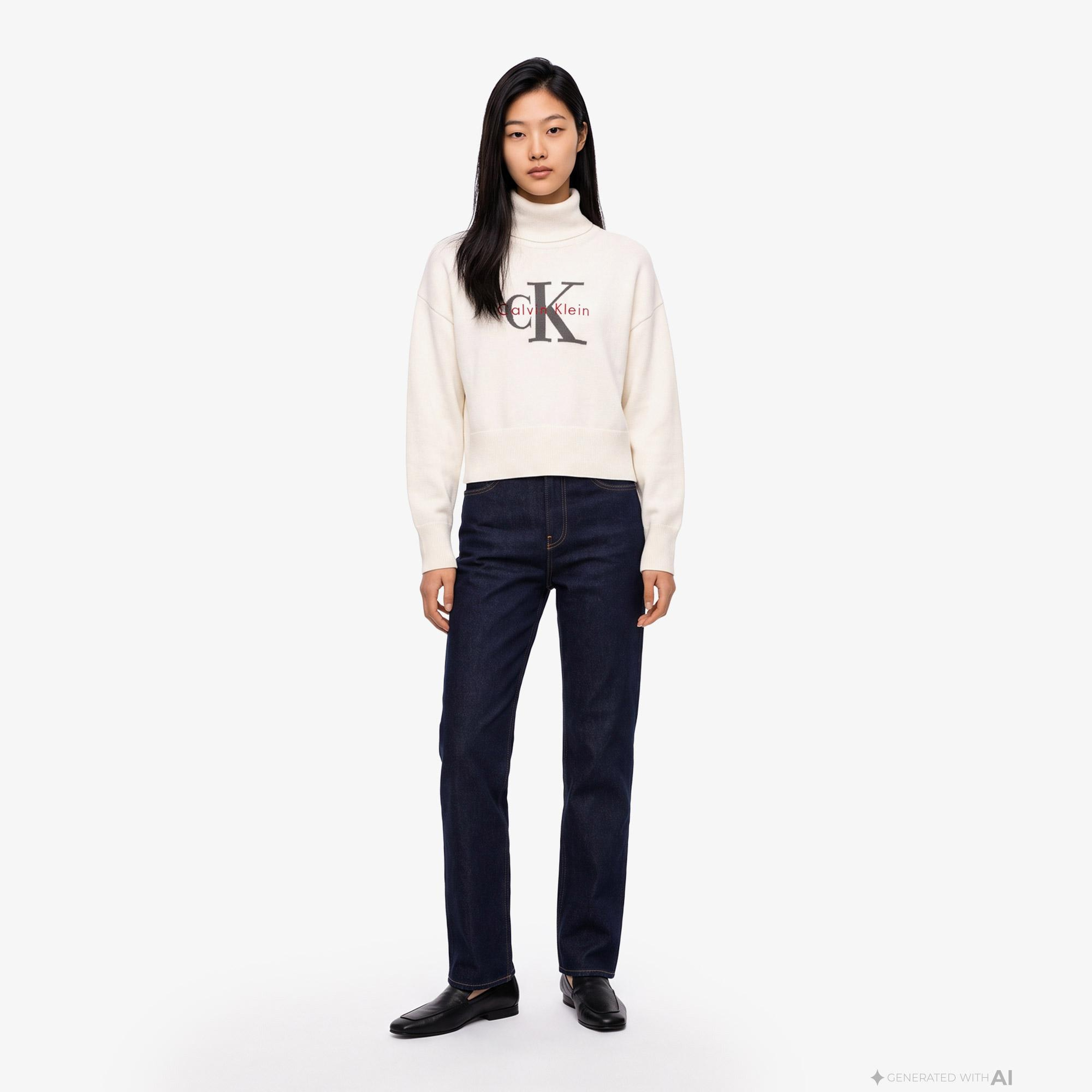 Calvin Klein Logo Pullover Kadın Beyaz Triko