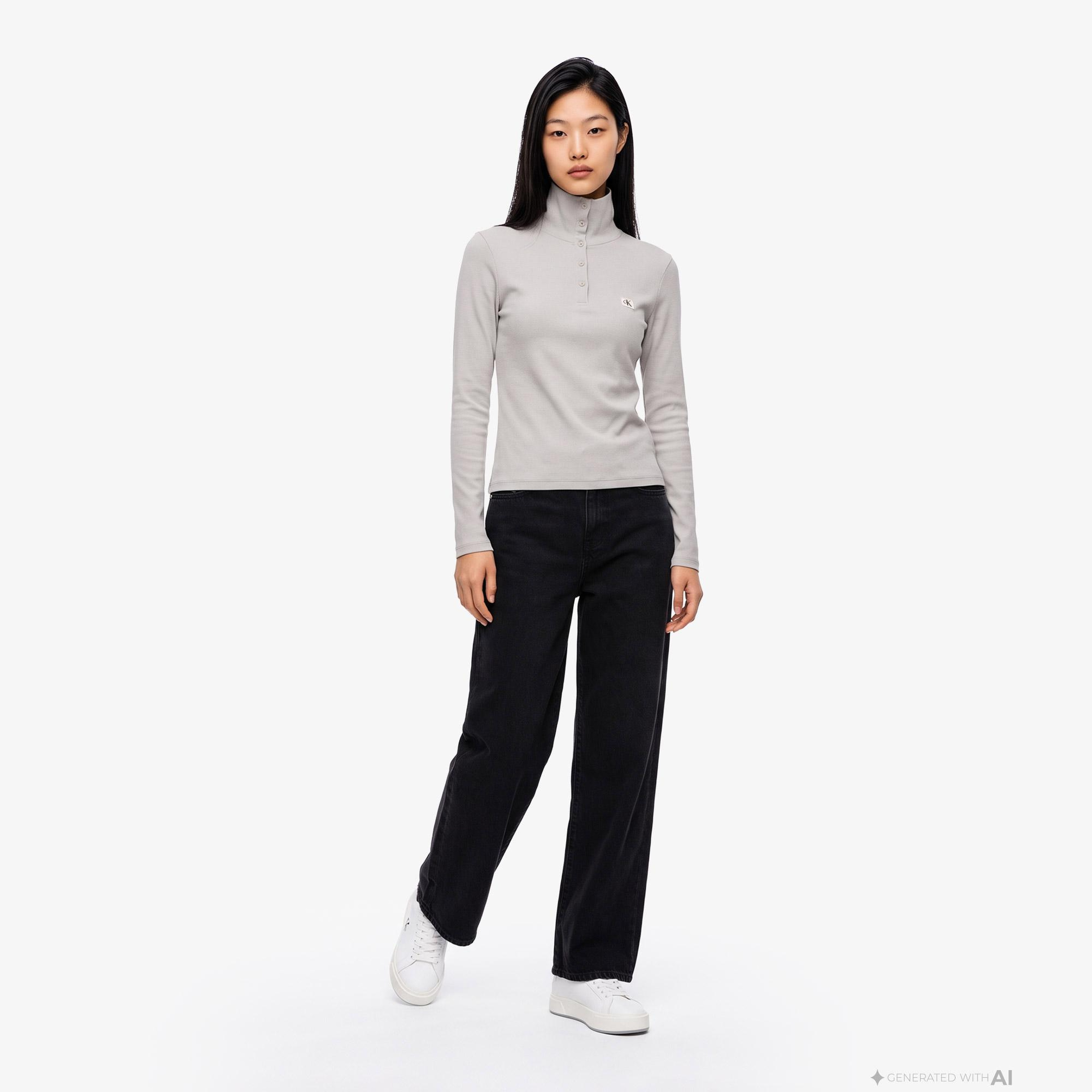 Calvin Klein Woven Label Henley Kadın Gri T-Shirt