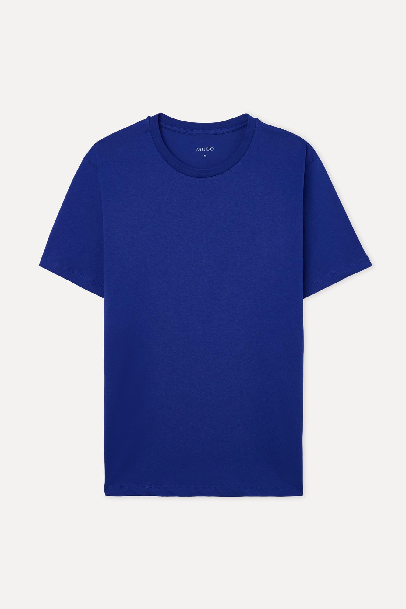 Erkek Saks Mavi Pamuklu Bisiklet Yaka T-Shirt