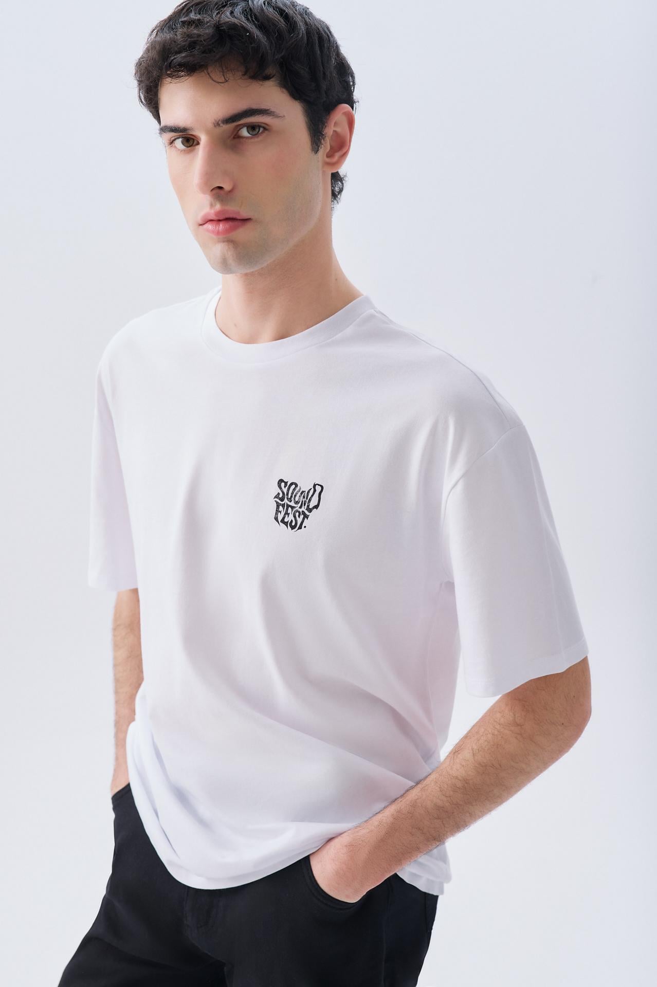 Erkek Beyaz Baskılı Oversize Bisiklet Yaka T-Shirt