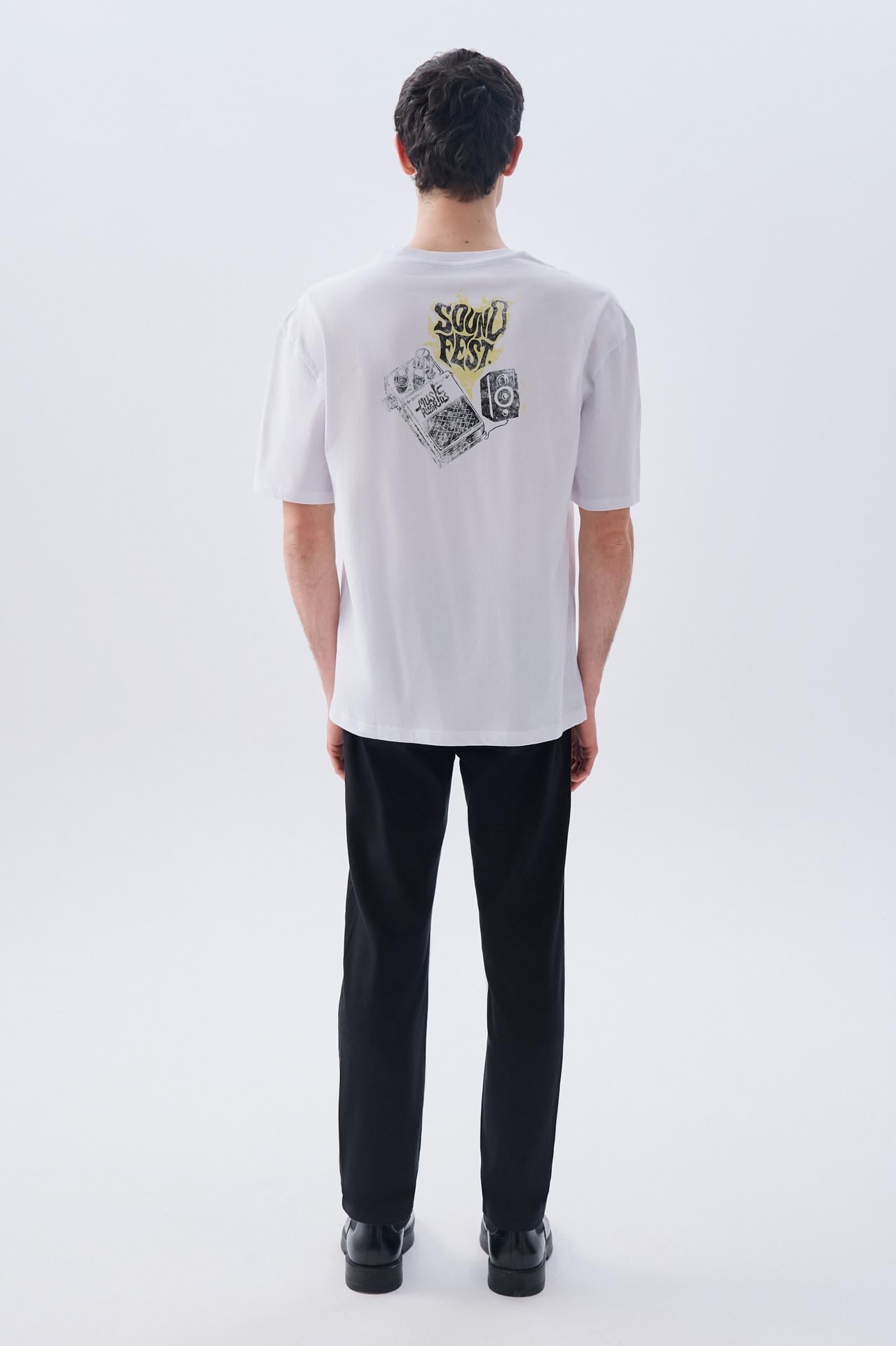 Erkek Beyaz Baskılı Oversize Bisiklet Yaka T-Shirt