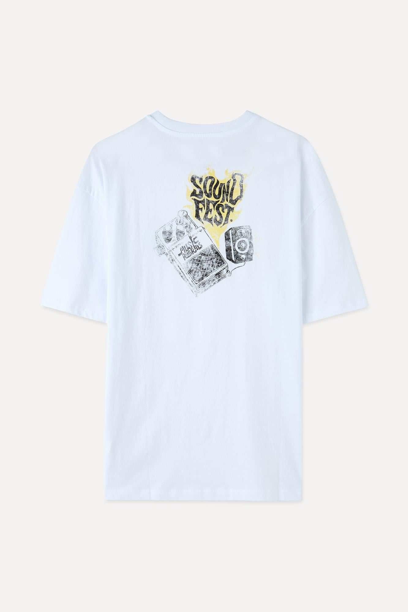 Erkek Beyaz Baskılı Oversize Bisiklet Yaka T-Shirt