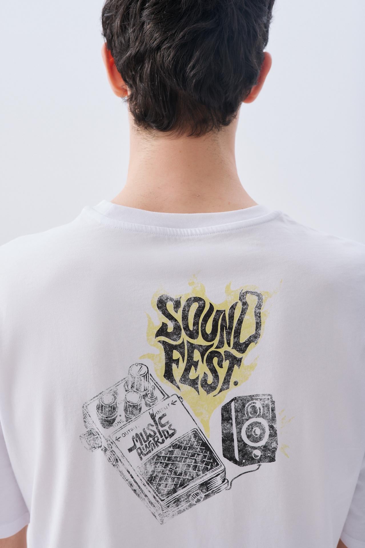 Erkek Beyaz Baskılı Oversize Bisiklet Yaka T-Shirt