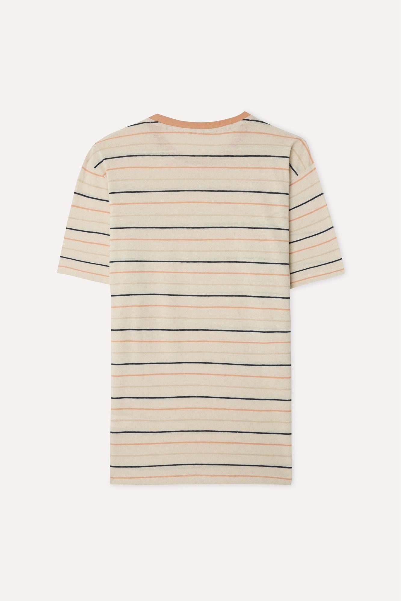 Erkek Ekru Çizgili Comfort Fit Bisiklet Yaka Keten Karışımlı T-Shirt