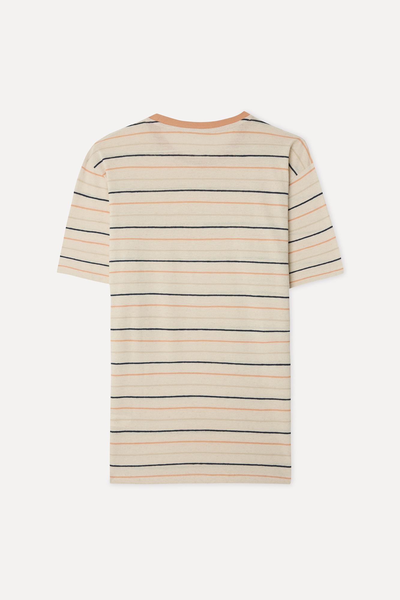Erkek Ekru Çizgili Comfort Fit Bisiklet Yaka Keten Karışımlı T-Shirt