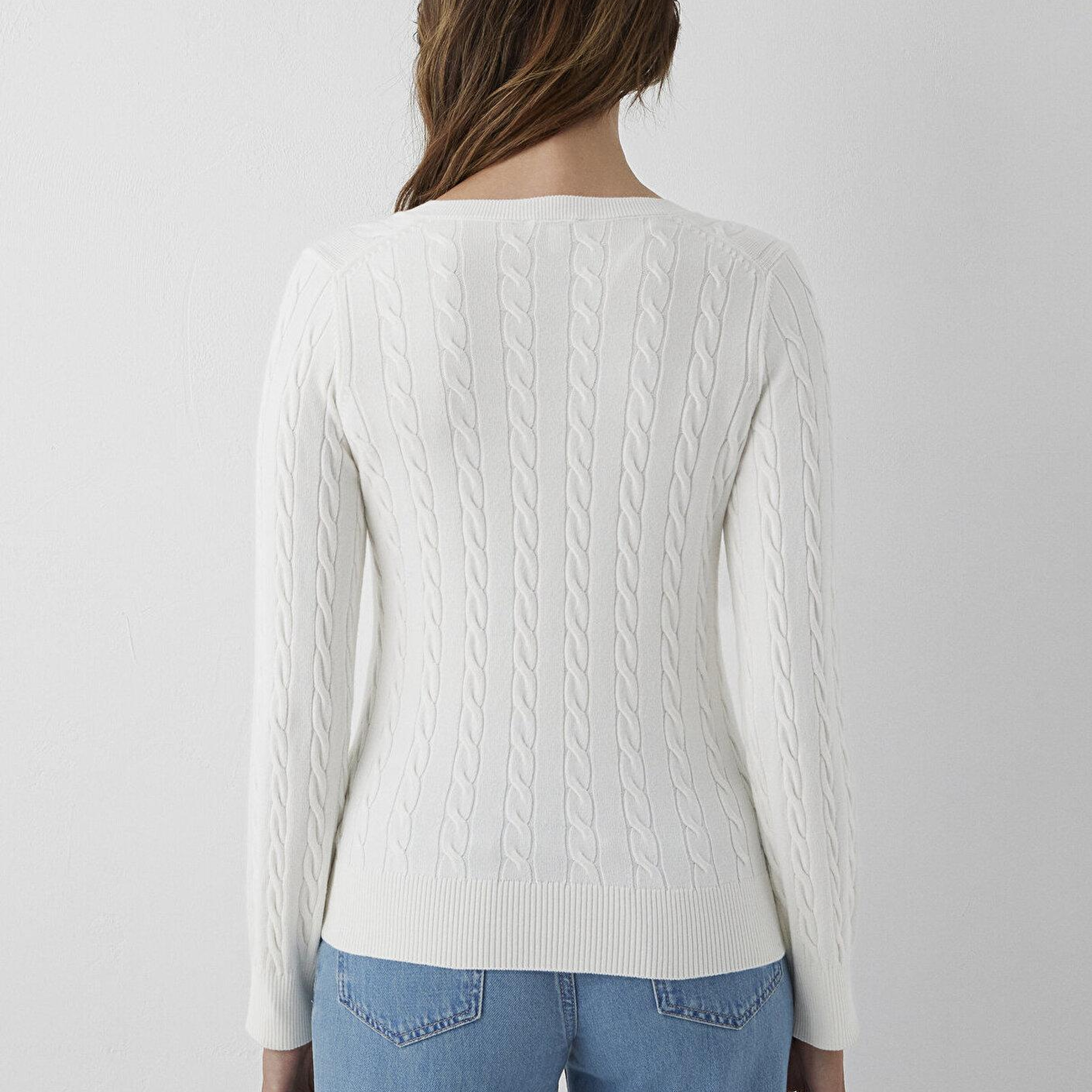Mavi V Yaka Ekru Triko Slim Fit / Dar Kesim 1710911-70057