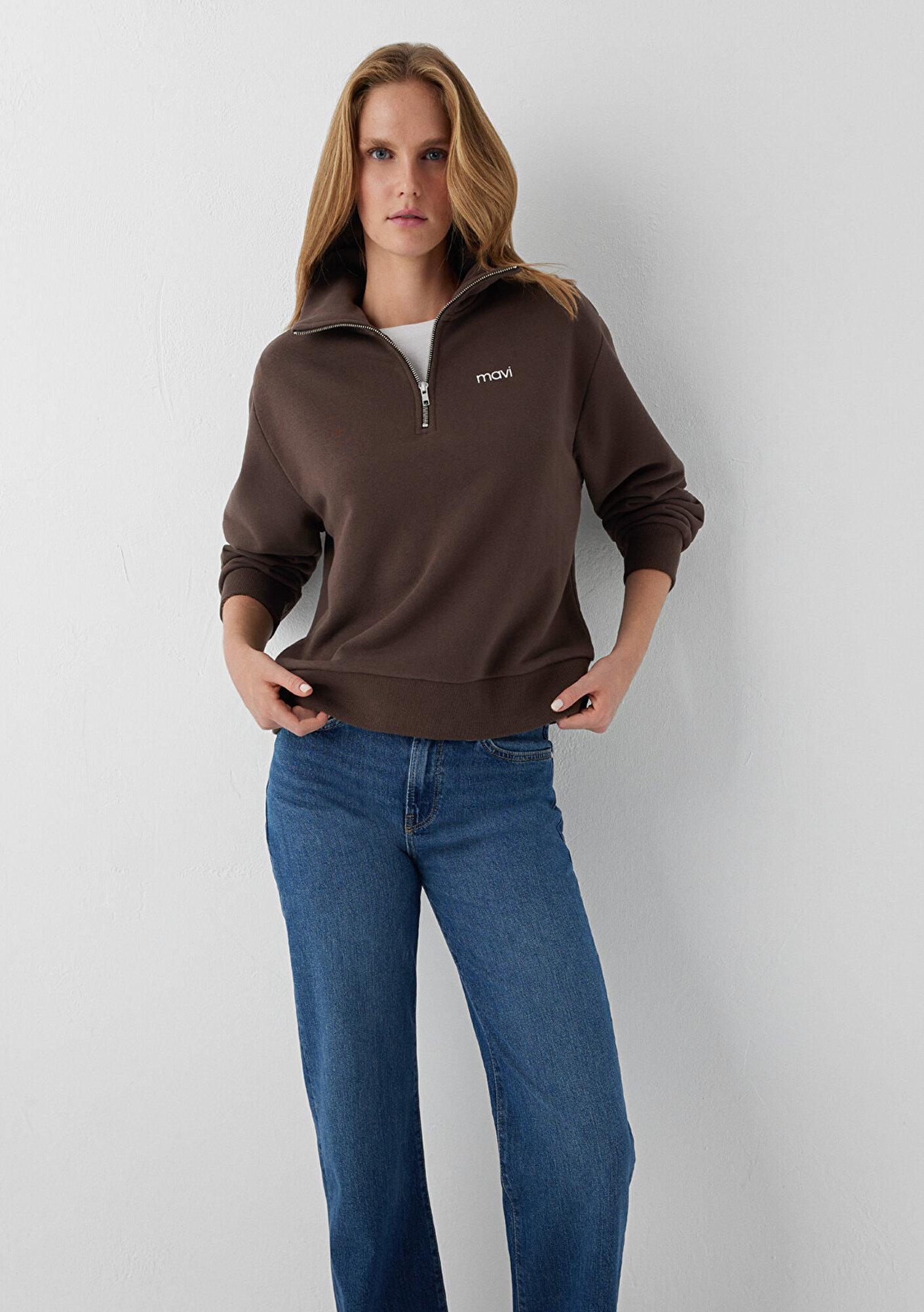 Mavi Mavi Mini Logo Yarı Fermuarlı Kahverengi Sweatshirt 1S10564-71603
