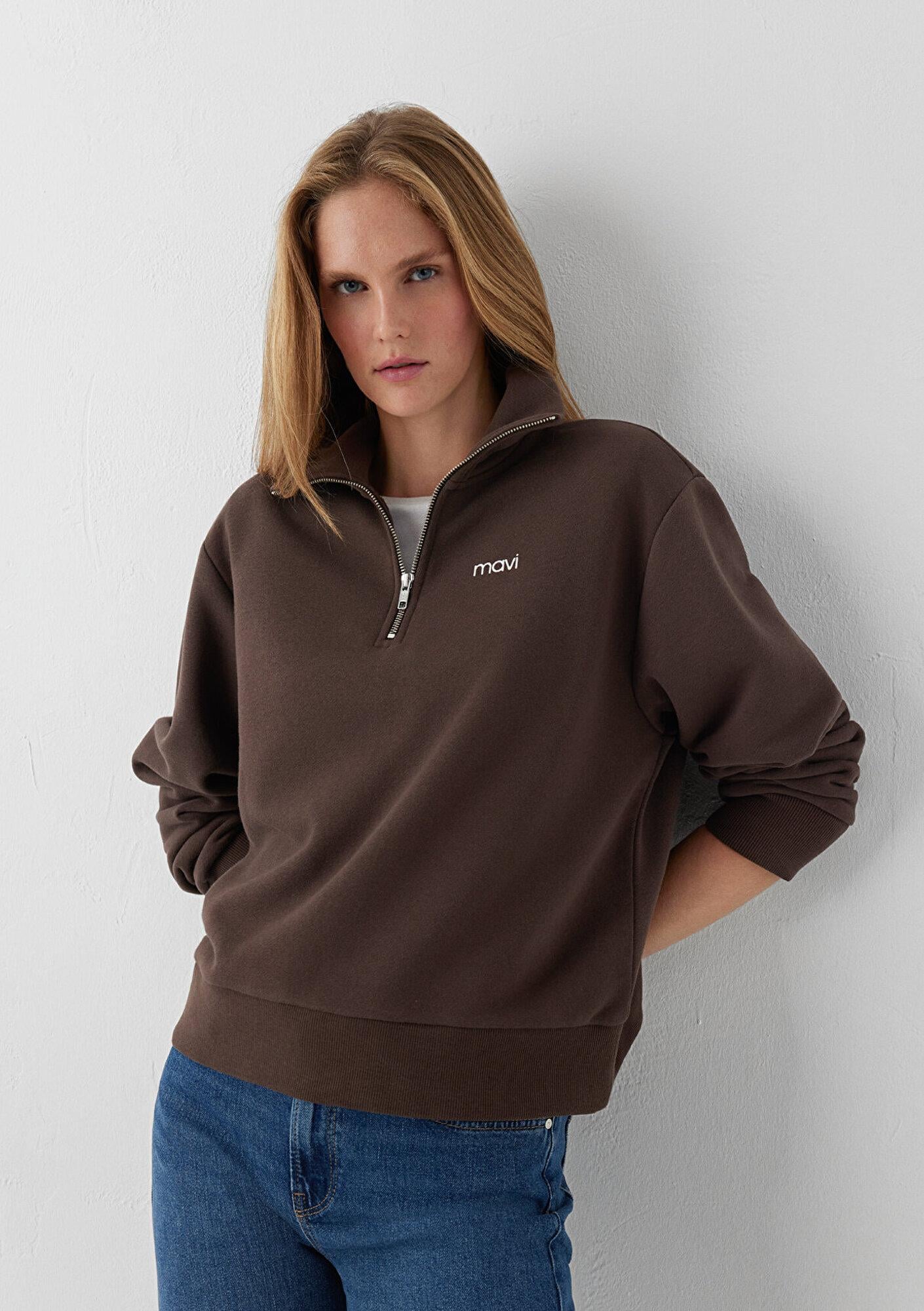 Mavi Mavi Mini Logo Yarı Fermuarlı Kahverengi Sweatshirt 1S10564-71603