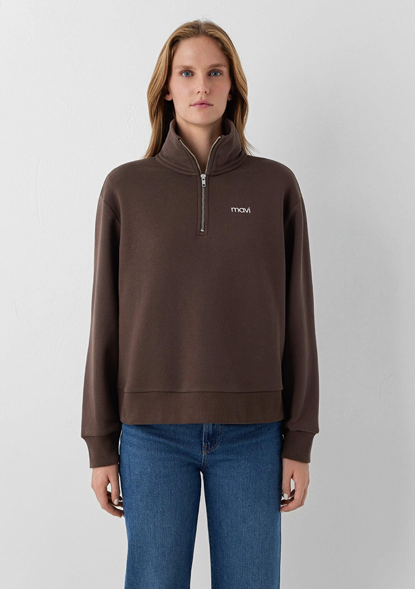 Mavi Mavi Mini Logo Yarı Fermuarlı Kahverengi Sweatshirt 1S10564-71603