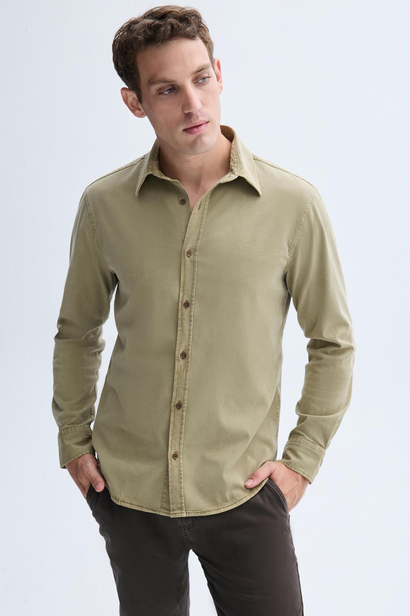 Erkek Vizon Rengi Regular Fit Uzun Kollu Casual Gömlek