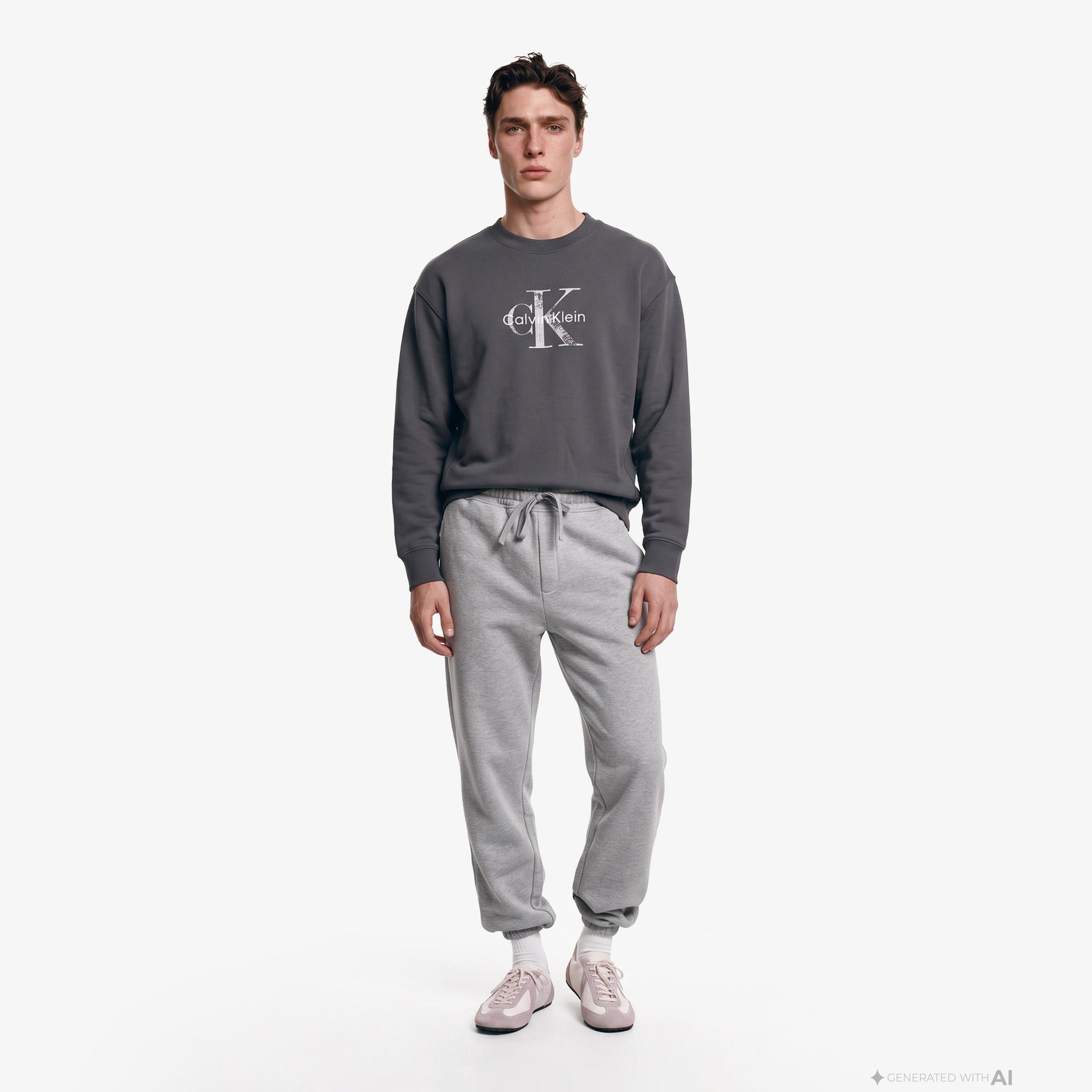 Calvin Klein Premium Terry Painted Monologo Erkek Gri Sweatshirt