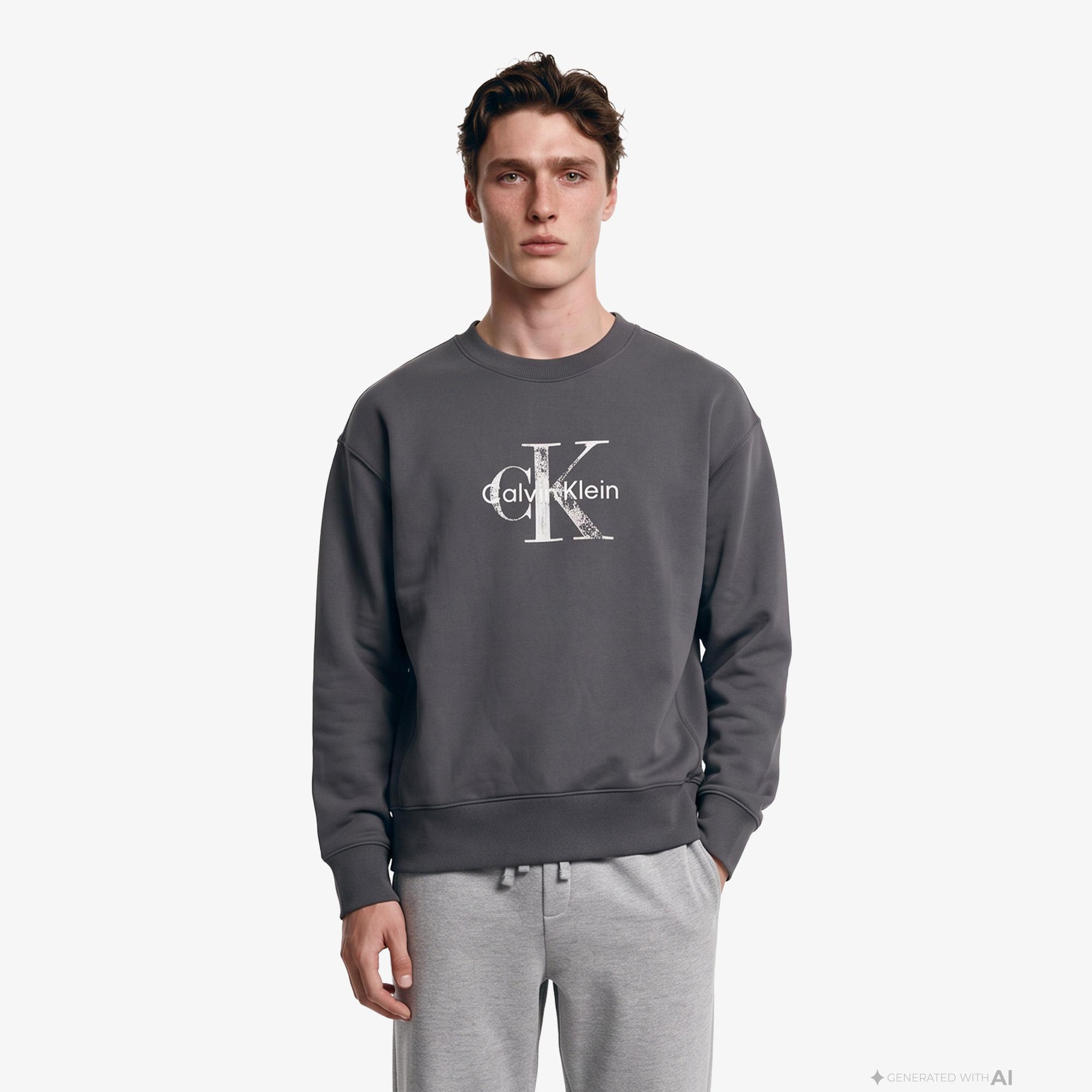 Calvin Klein Premium Terry Painted Monologo Erkek Gri Sweatshirt