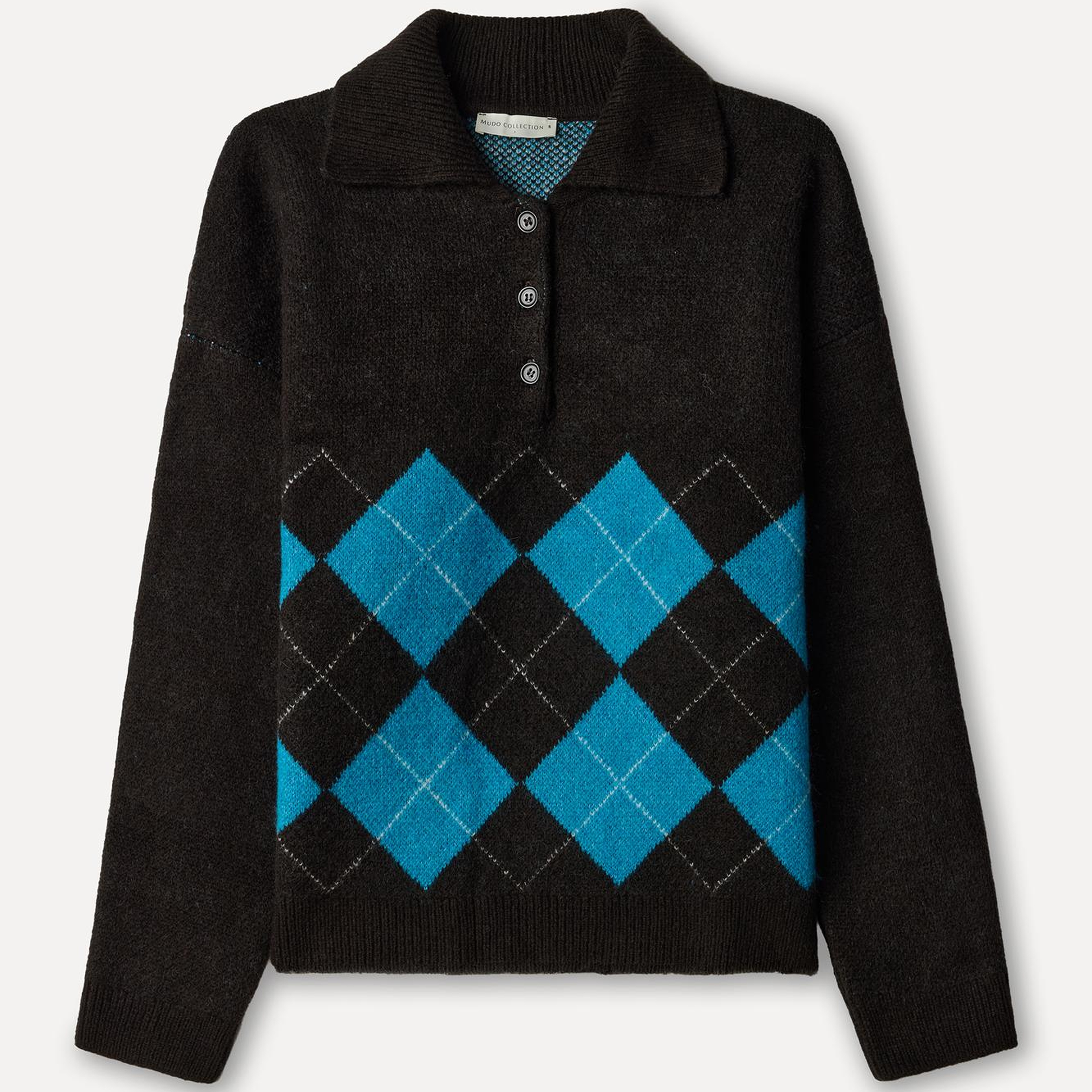 Kadın Kahverengi Baklava Desenli Loose Fit Polo Yaka Kazak