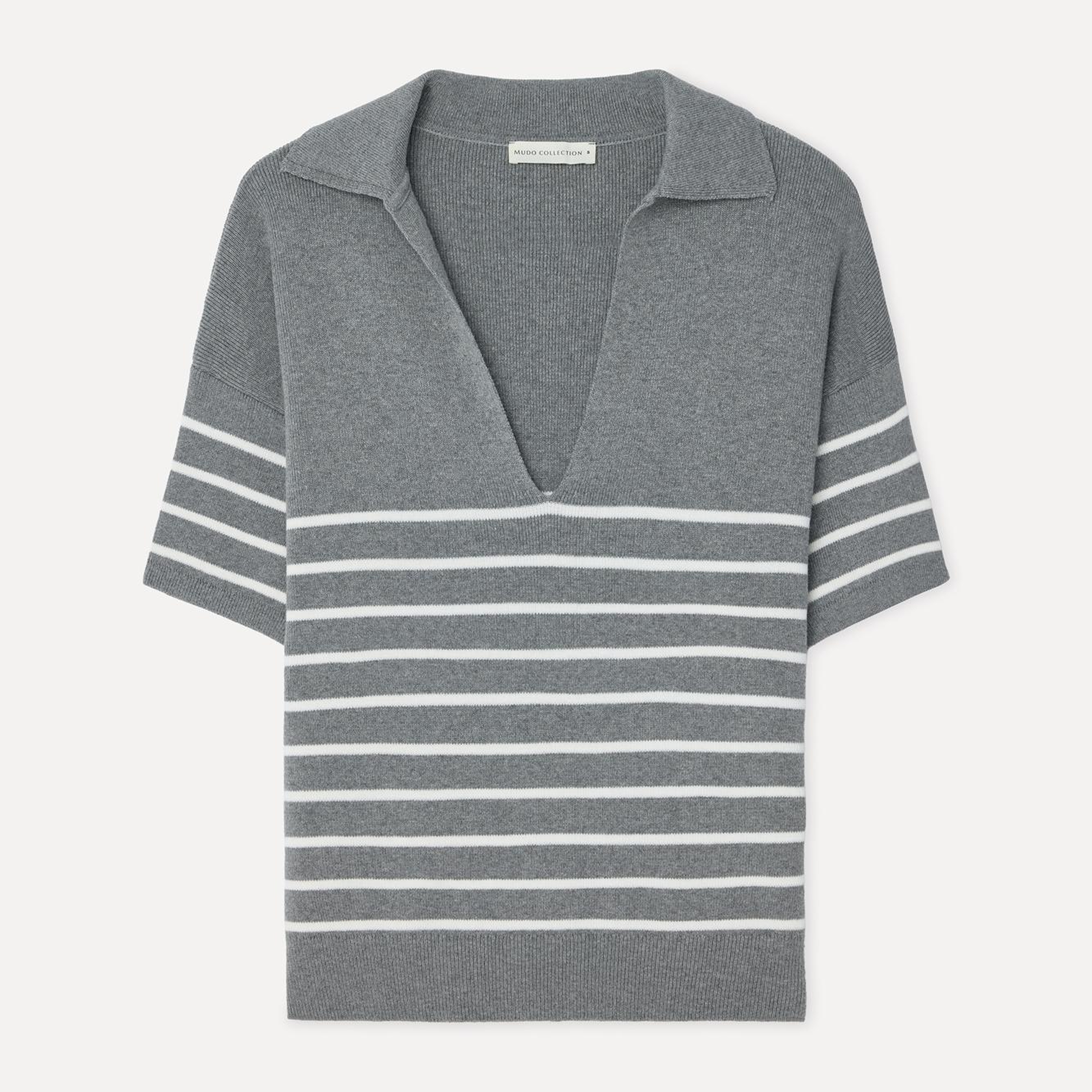 Kadın Çizgili Loose Fit Polo Yaka Kısa Kollu Kazak