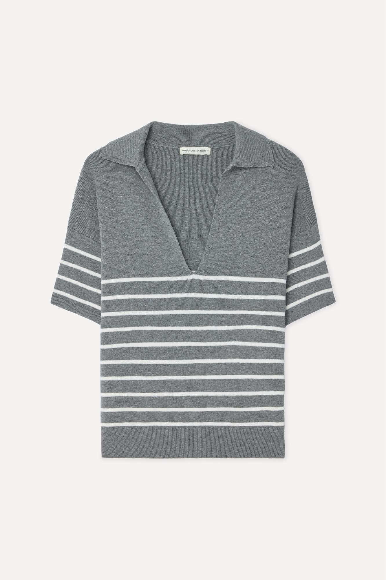 Kadın Çizgili Loose Fit Polo Yaka Kısa Kollu Kazak
