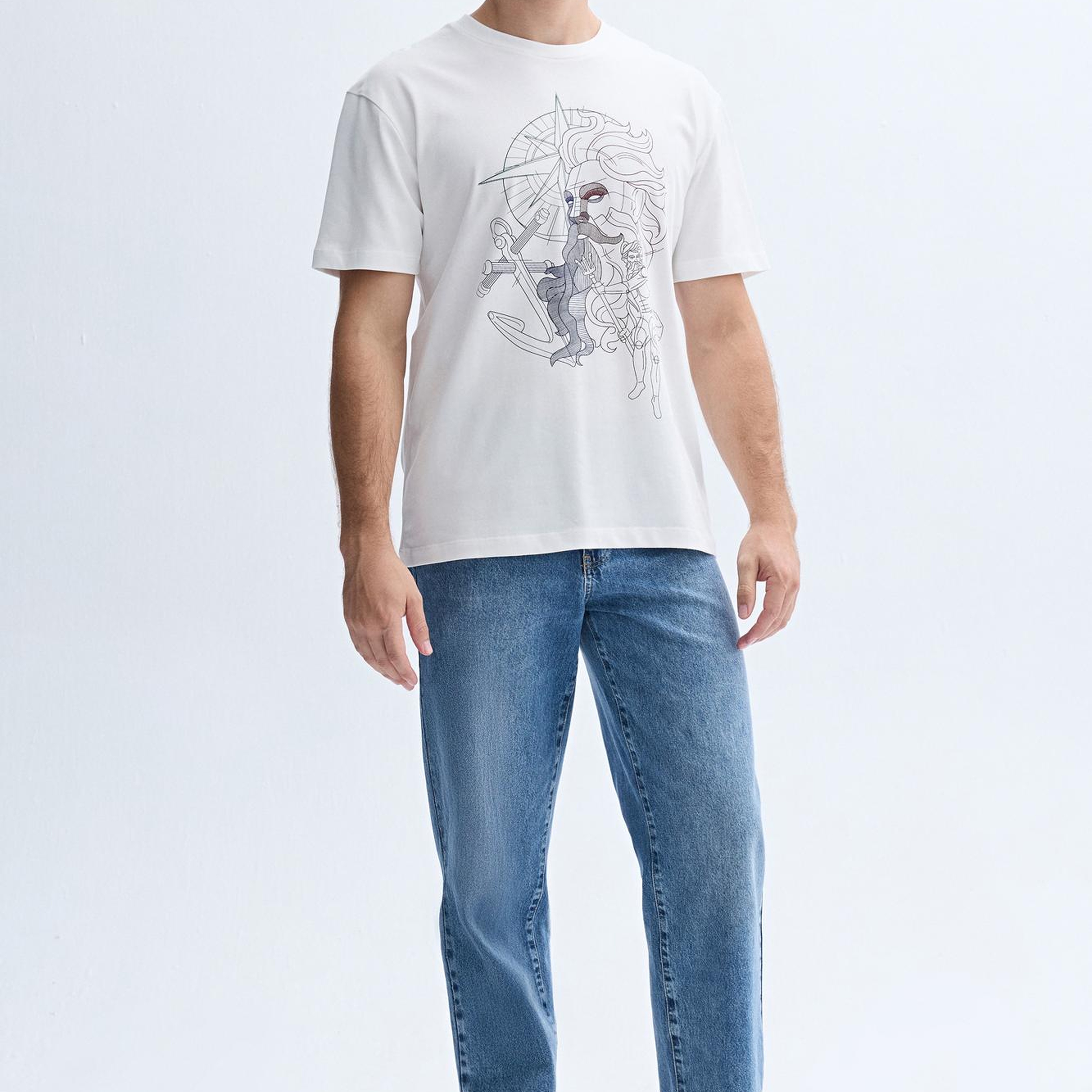 Erkek Kırık Beyaz Comfort Fit Baskılı Bisiklet Yaka T-Shirt