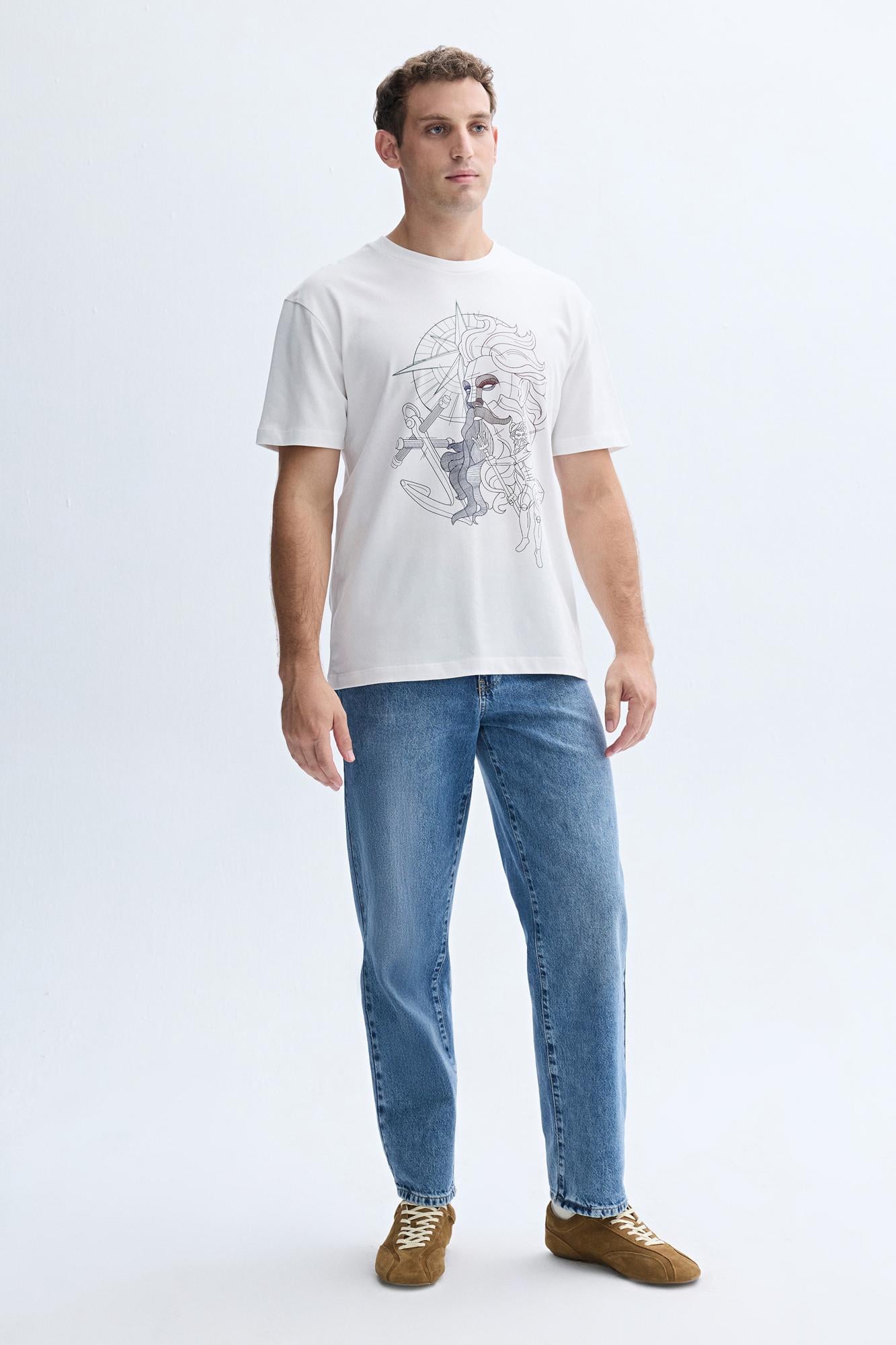 Erkek Kırık Beyaz Comfort Fit Baskılı Bisiklet Yaka T-Shirt