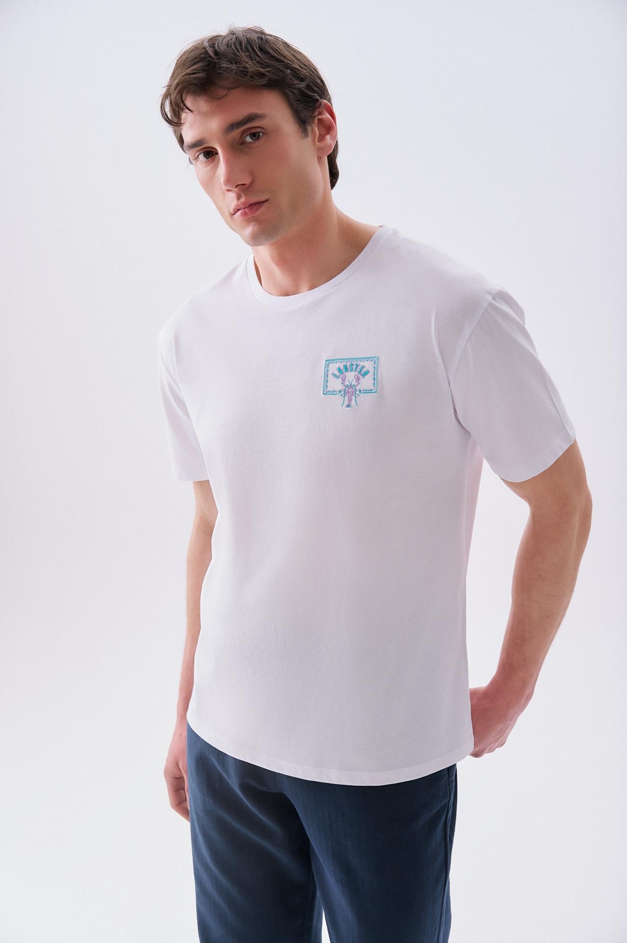 Erkek Beyaz Comfort Fit Nakışlı Bisiklet Yaka T-Shirt