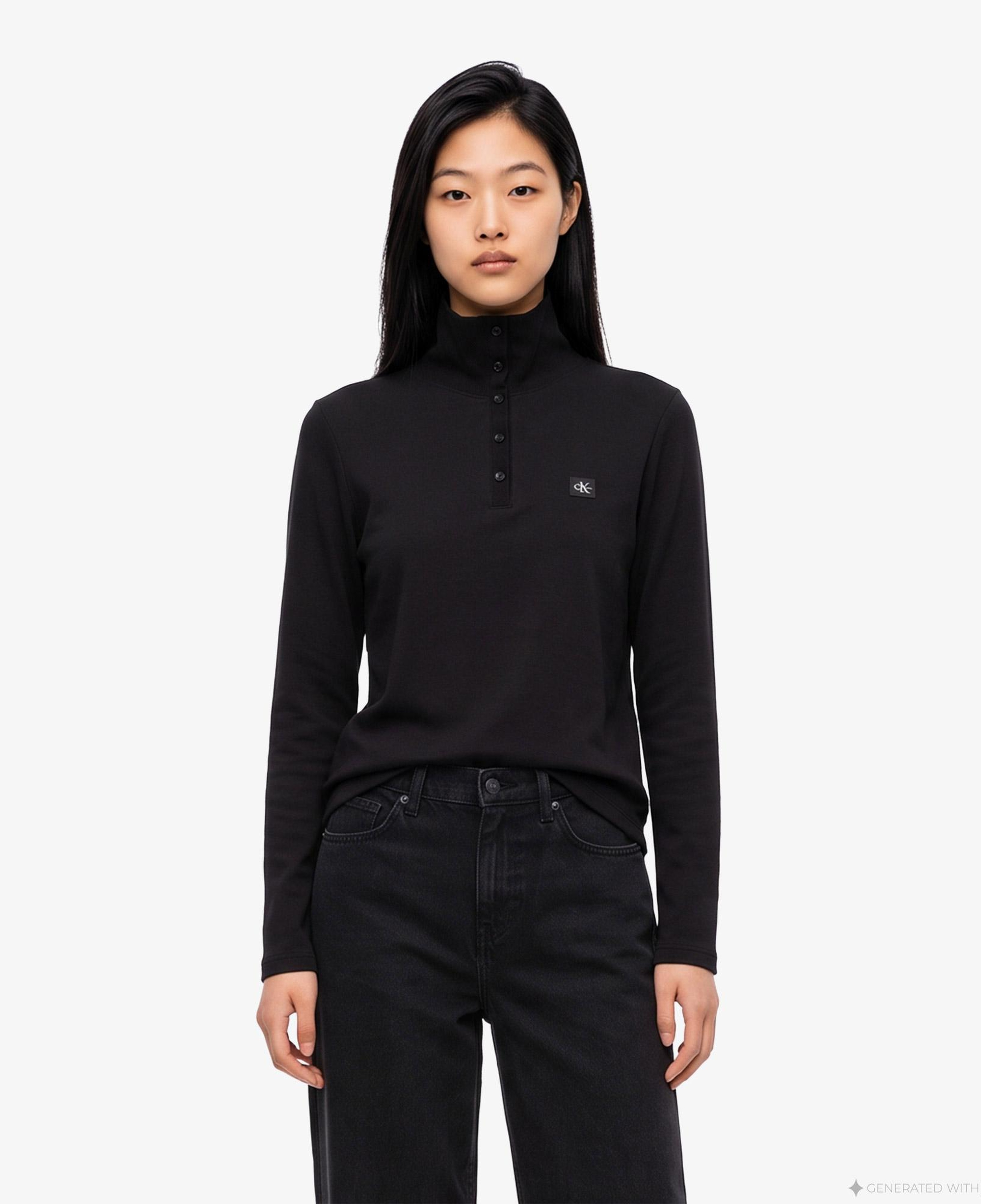 Calvin Klein Woven Label Henley Kadın Siyah T-Shirt