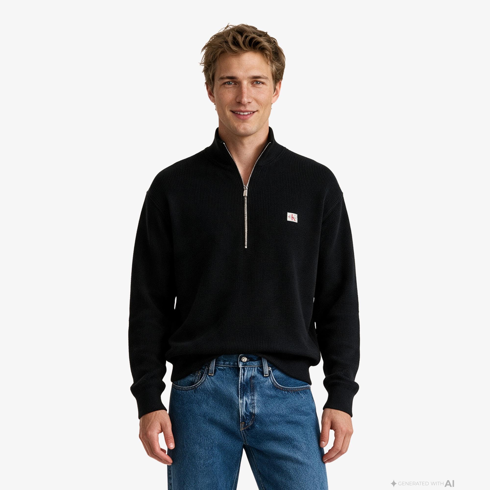 Calvin Klein Cotton Waffle Quarter Zip Erkek Siyah Triko