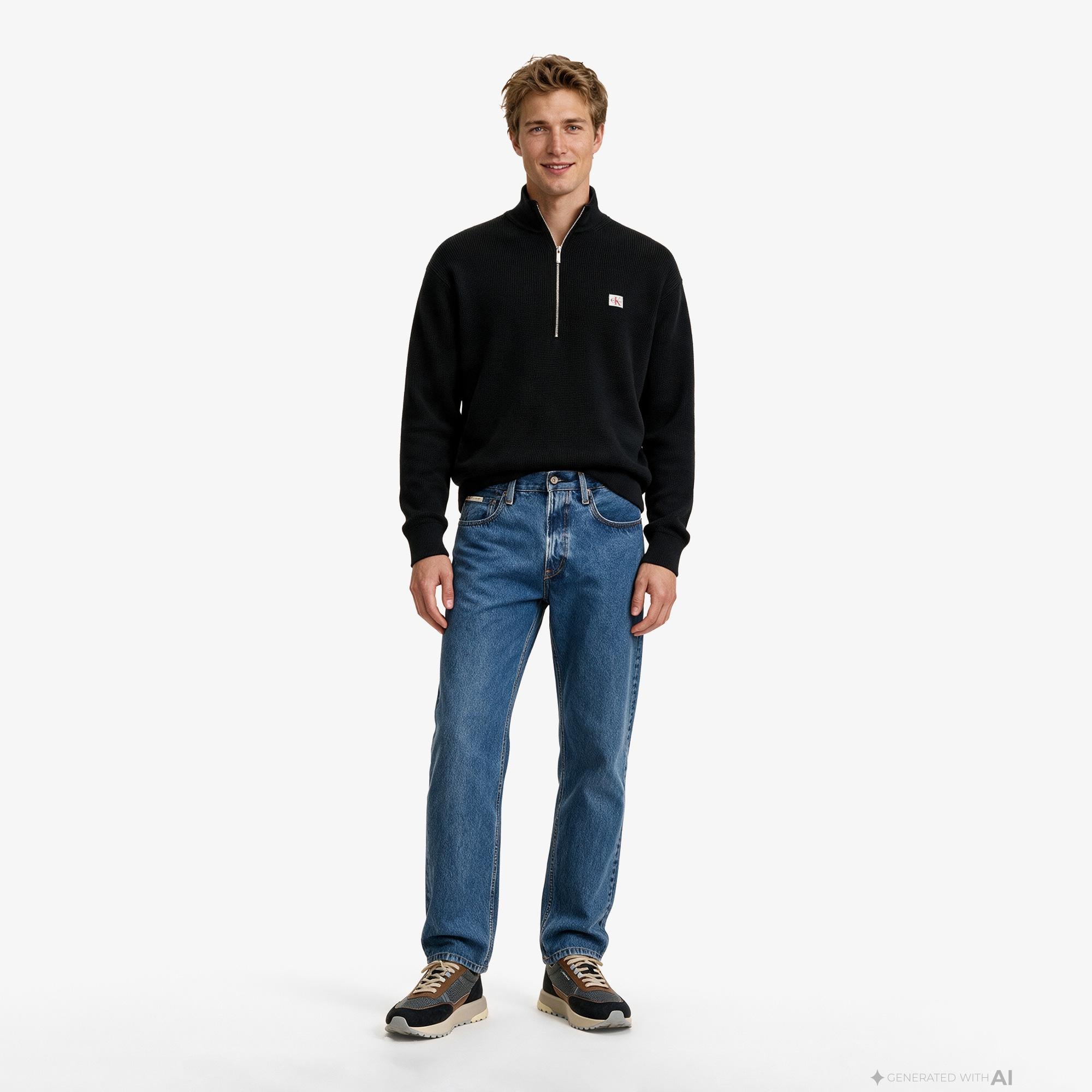 Calvin Klein Cotton Waffle Quarter Zip Erkek Siyah Triko