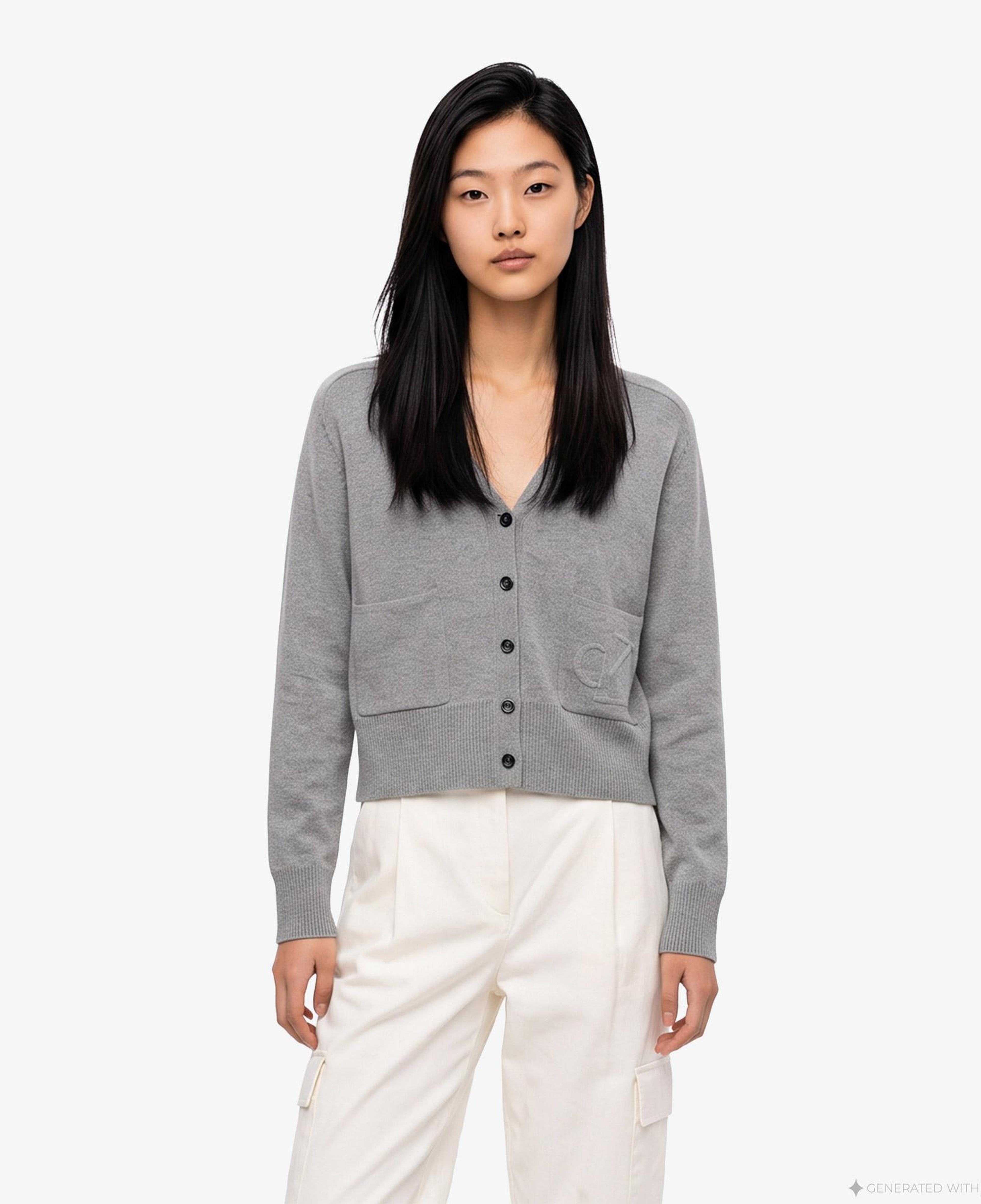 Calvin Klein Wool Cotton Raglan Cardigan Kadın Gri Triko