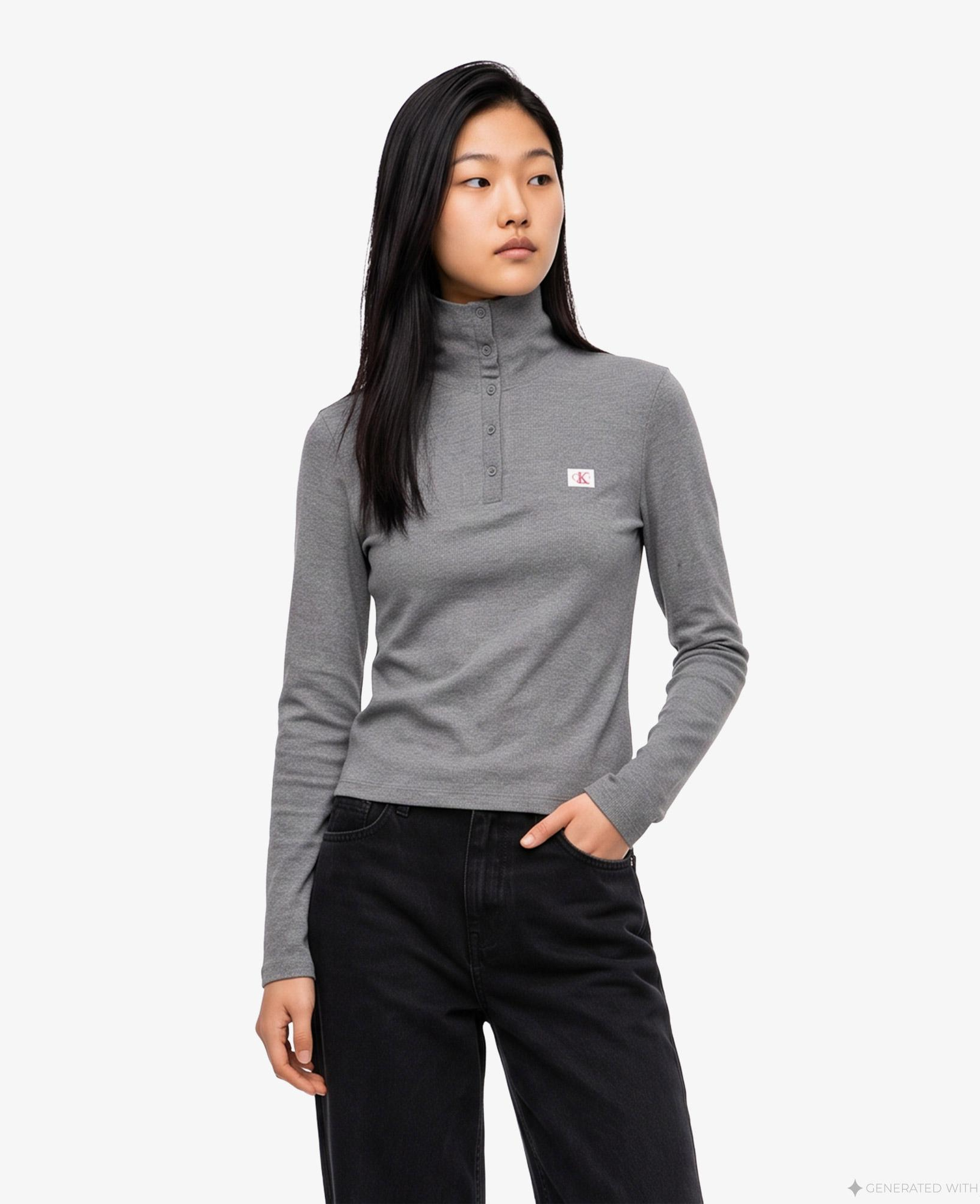 Calvin Klein Woven Label Henley Kadın Gri T-Shirt