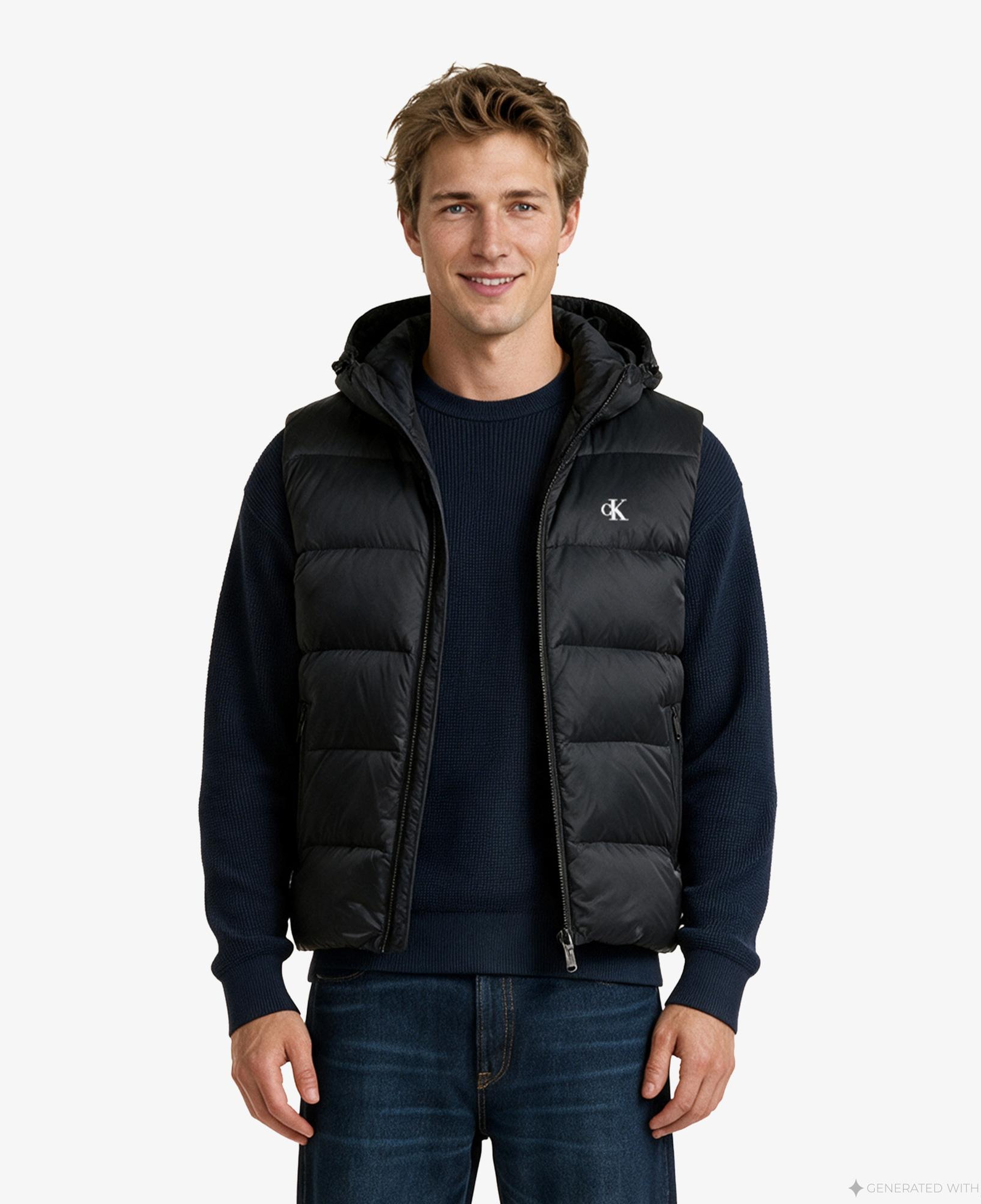 Calvin Klein Nylon Zip Off Down Puffer Erkek Siyah Yelek