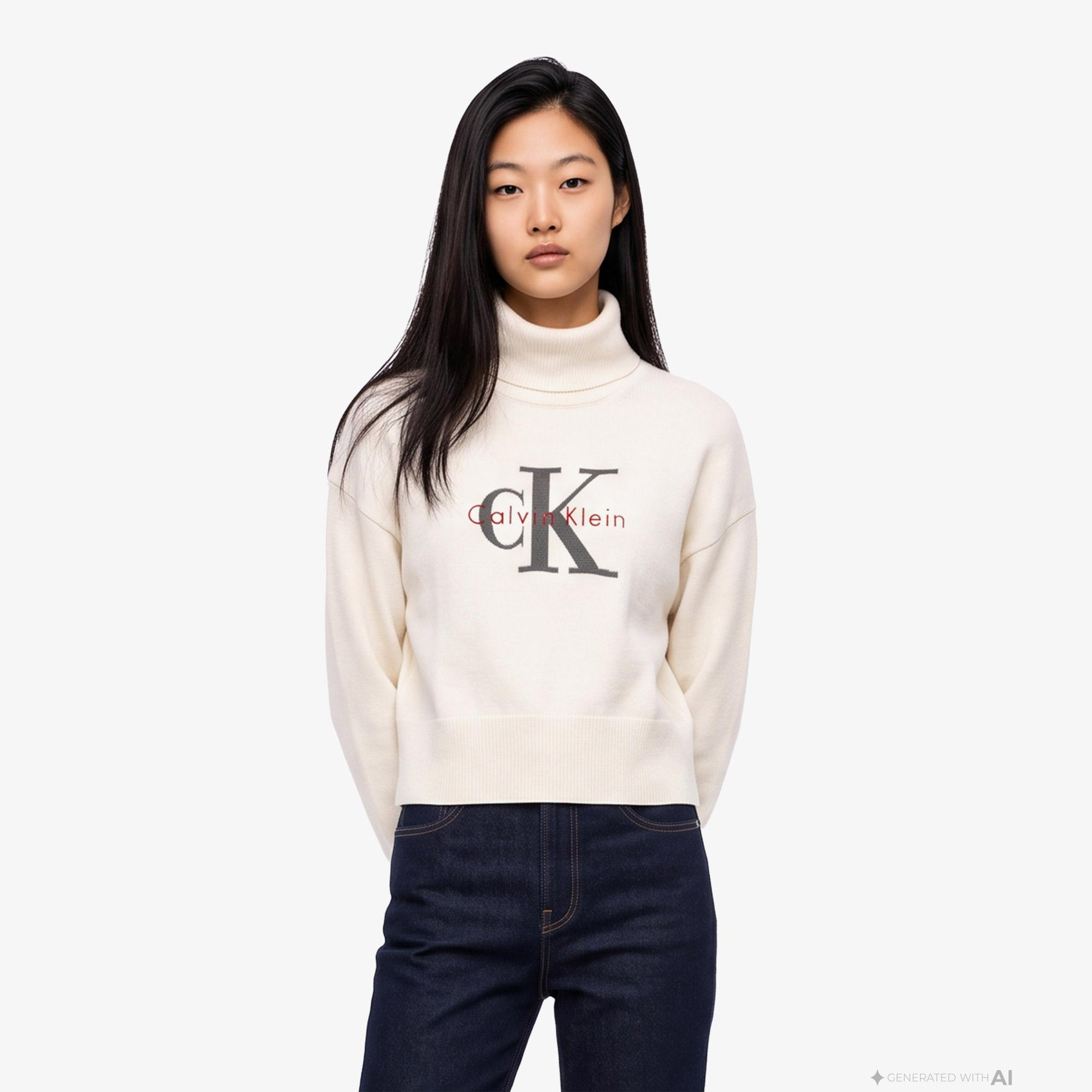Calvin Klein Logo Pullover Kadın Beyaz Triko