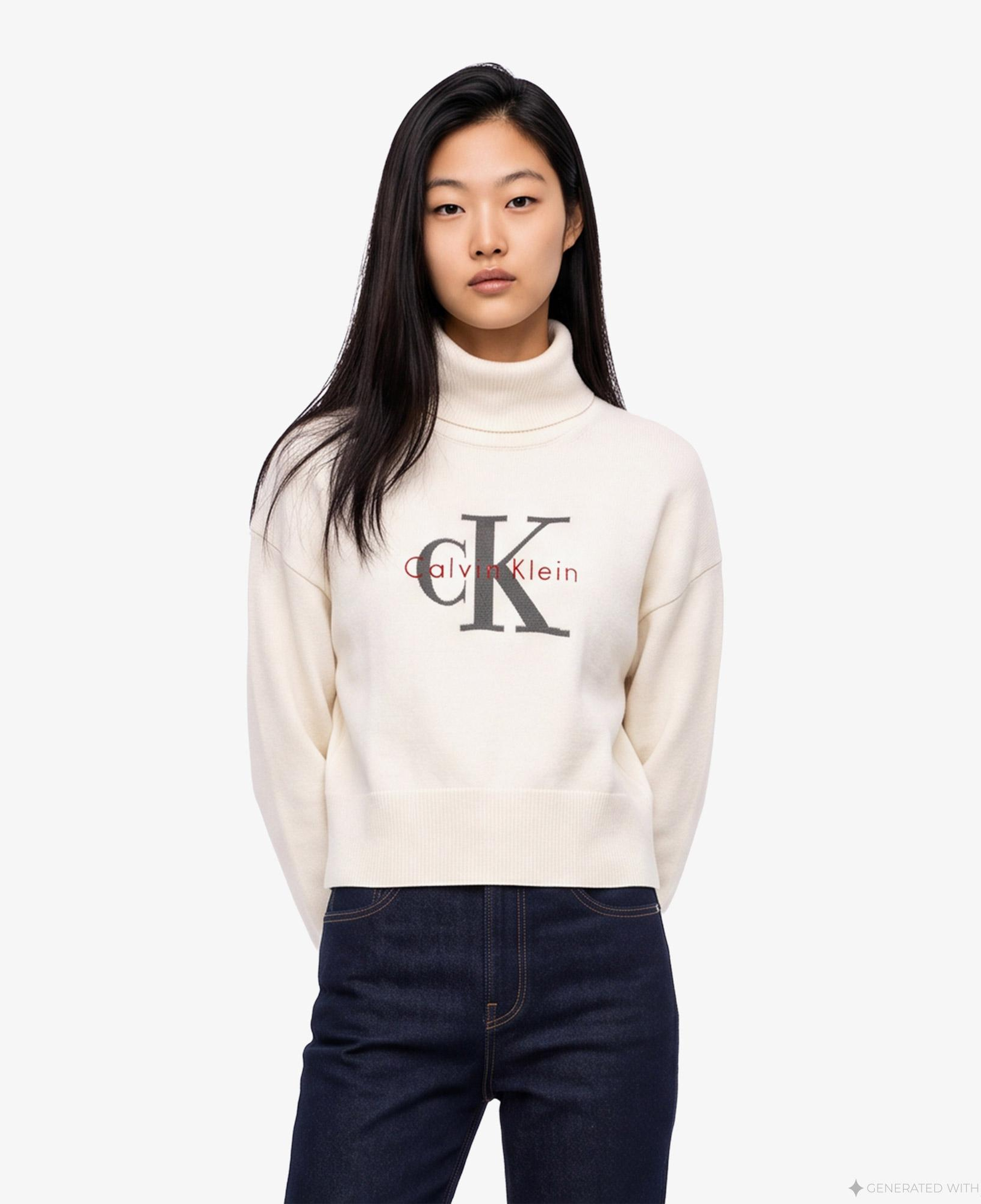 Calvin Klein Logo Pullover Kadın Beyaz Triko