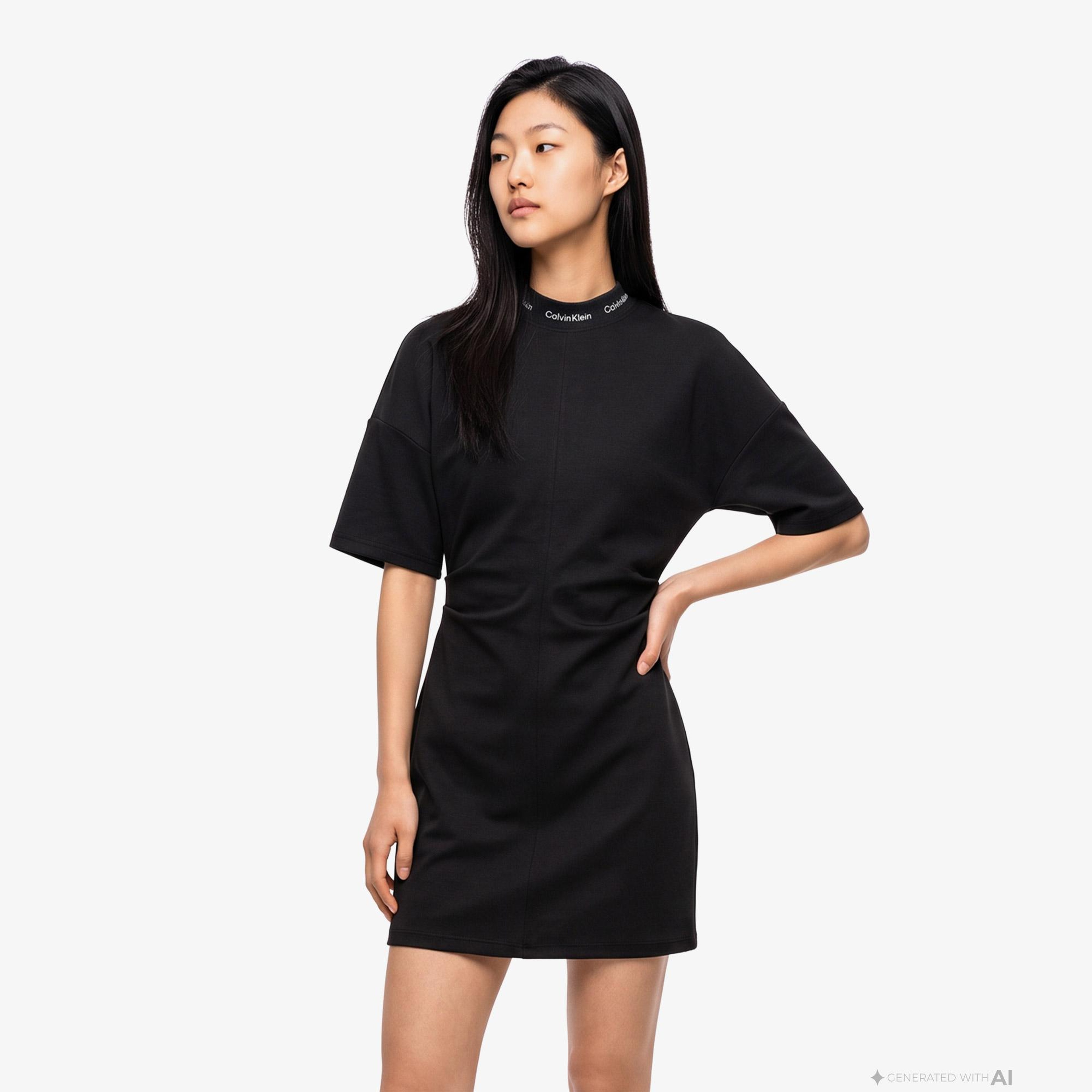 Calvin Klein Logo Rib Interlock Kadın Siyah Elbise