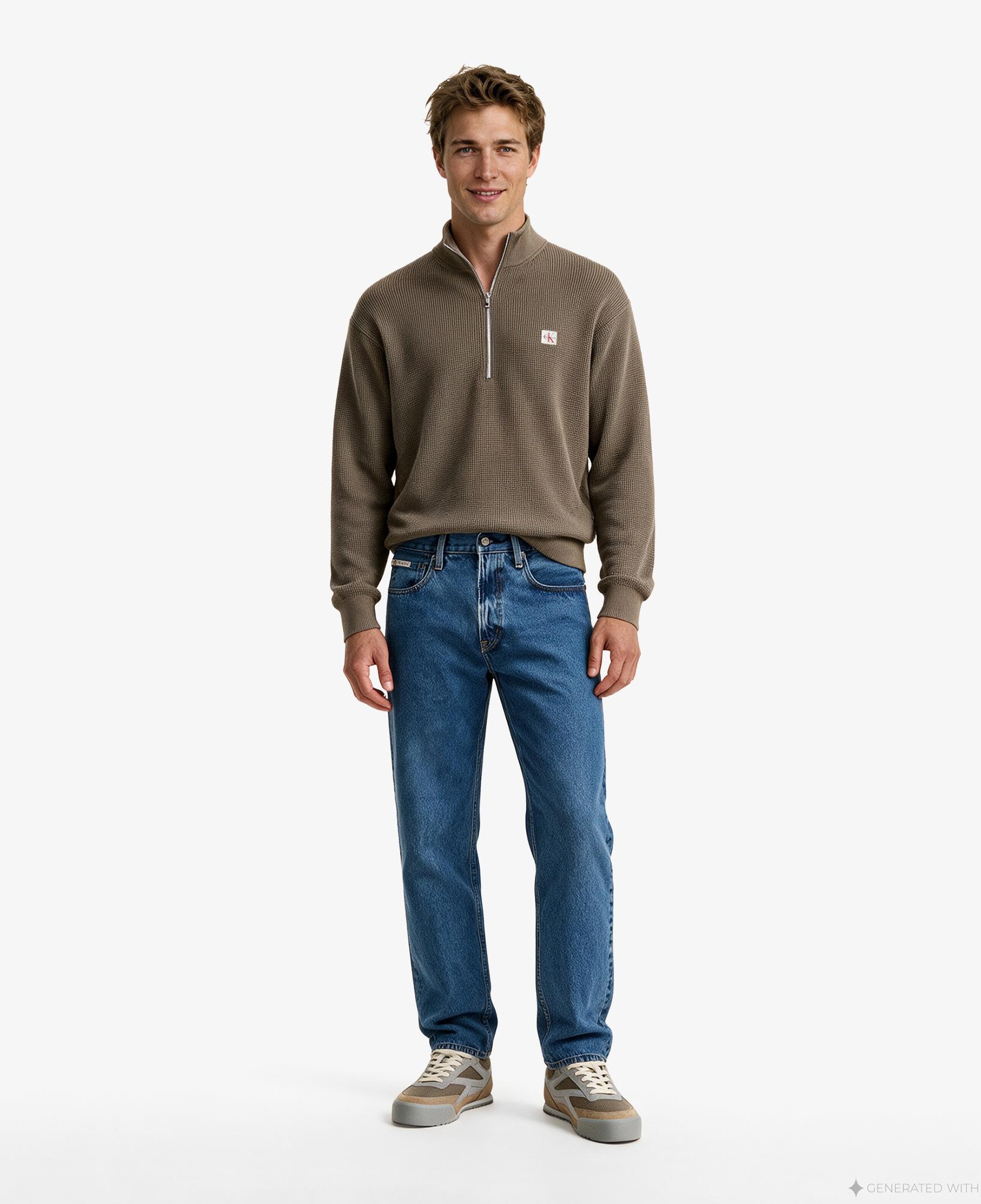 Calvin Klein Classic Cotton Wfle QZip Erkek Kahverengi Triko