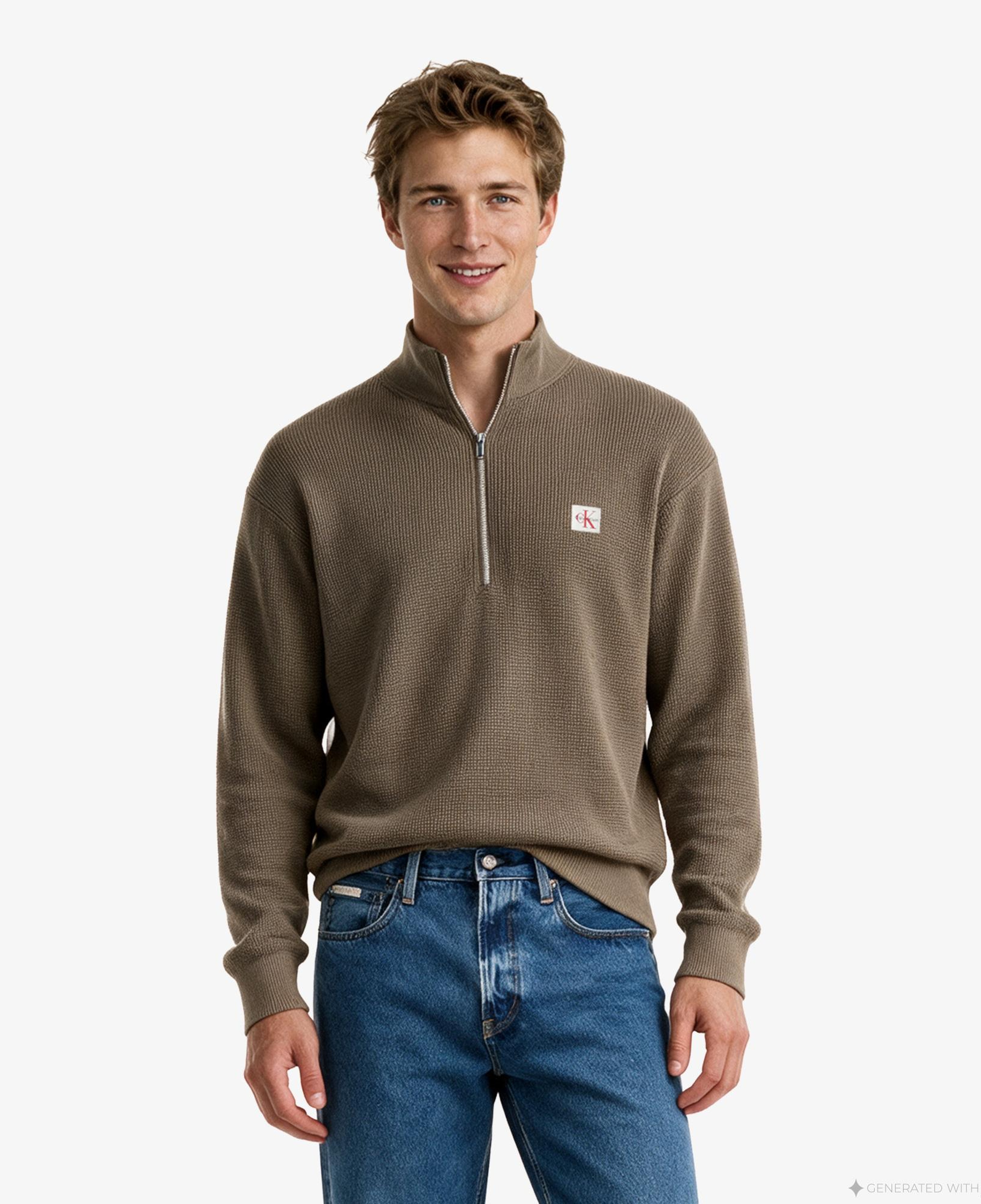 Calvin Klein Classic Cotton Wfle QZip Erkek Kahverengi Triko