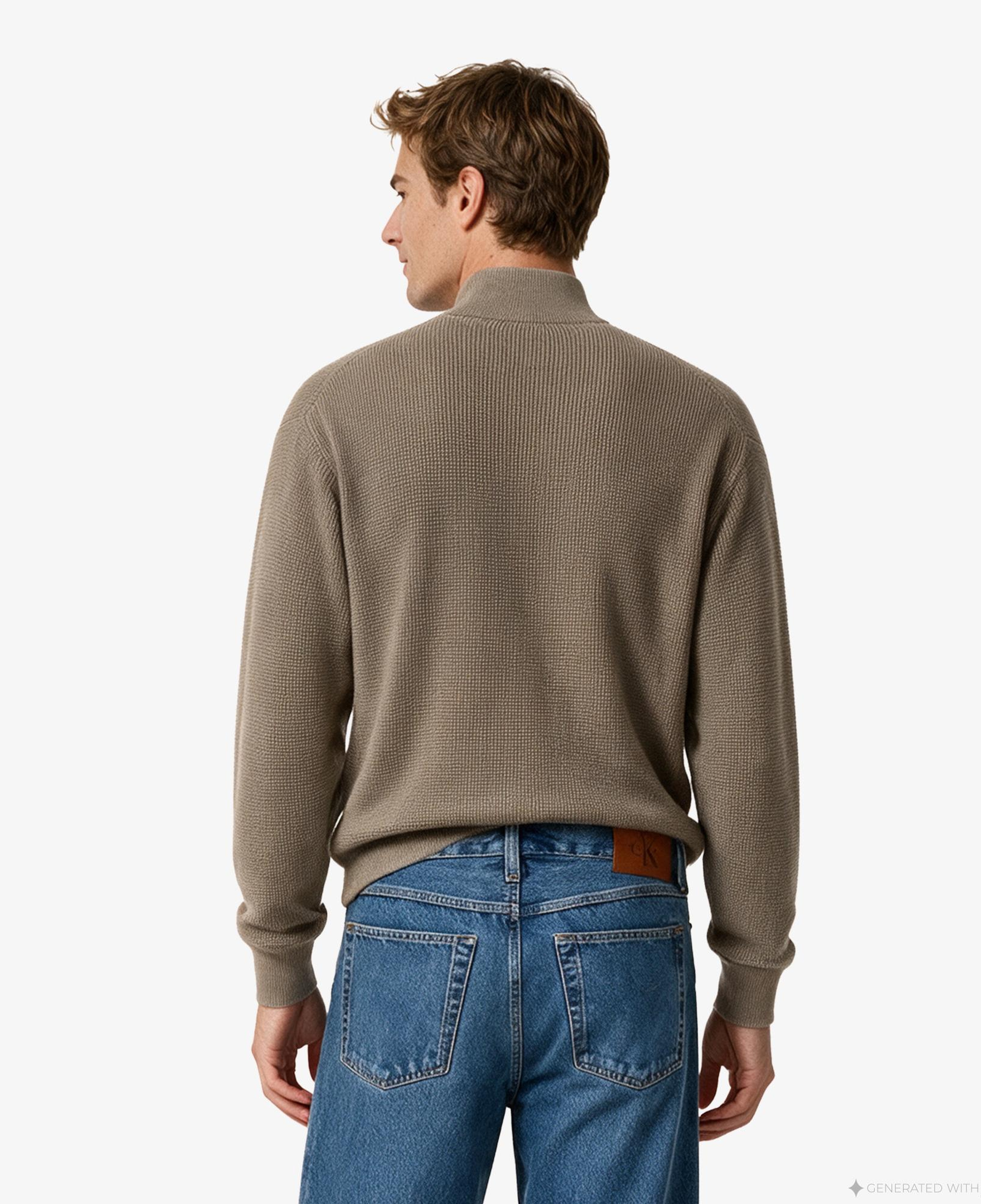Calvin Klein Classic Cotton Wfle QZip Erkek Kahverengi Triko