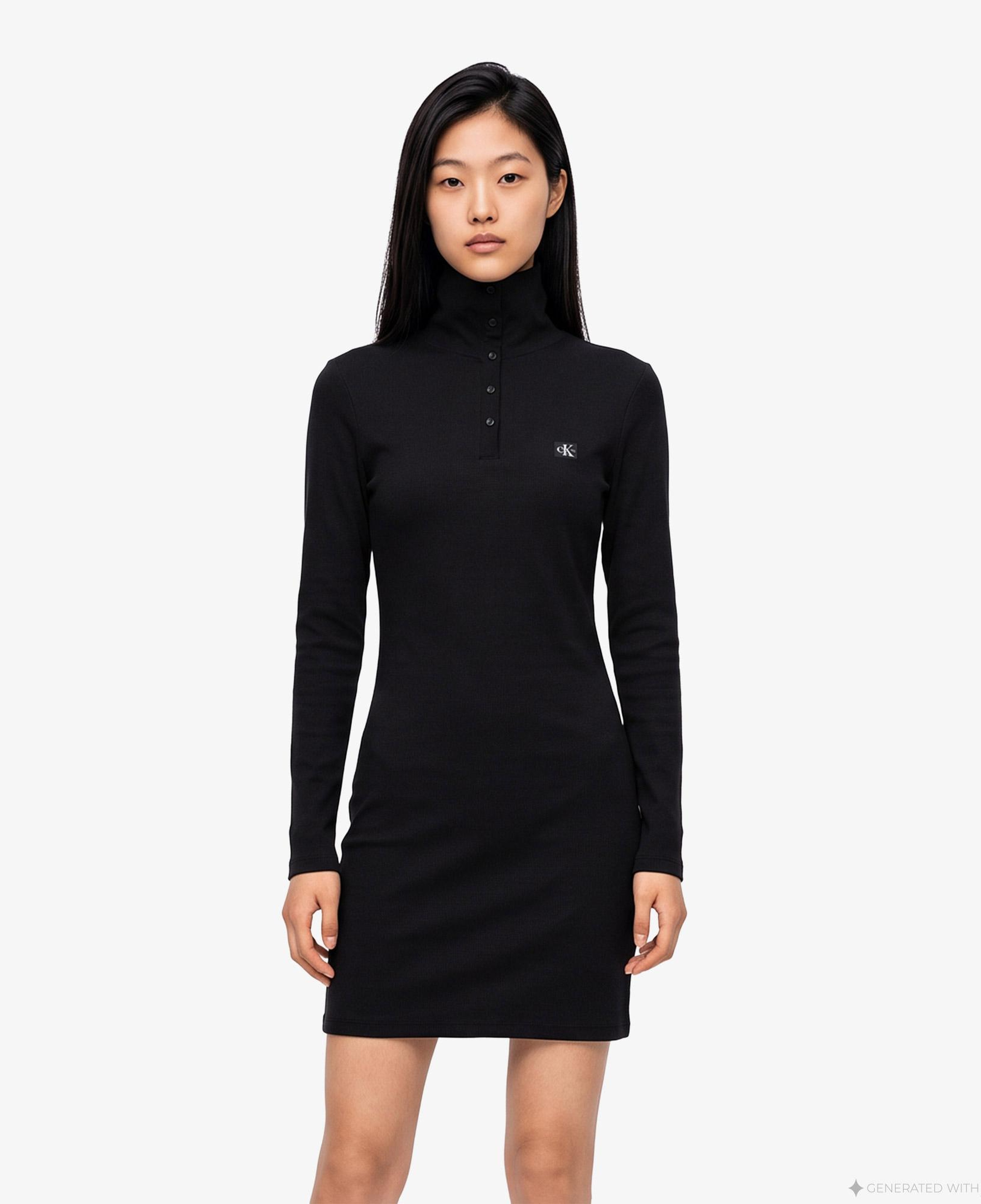 Calvin Klein Woven Label Henley Kadın Siyah Elbise