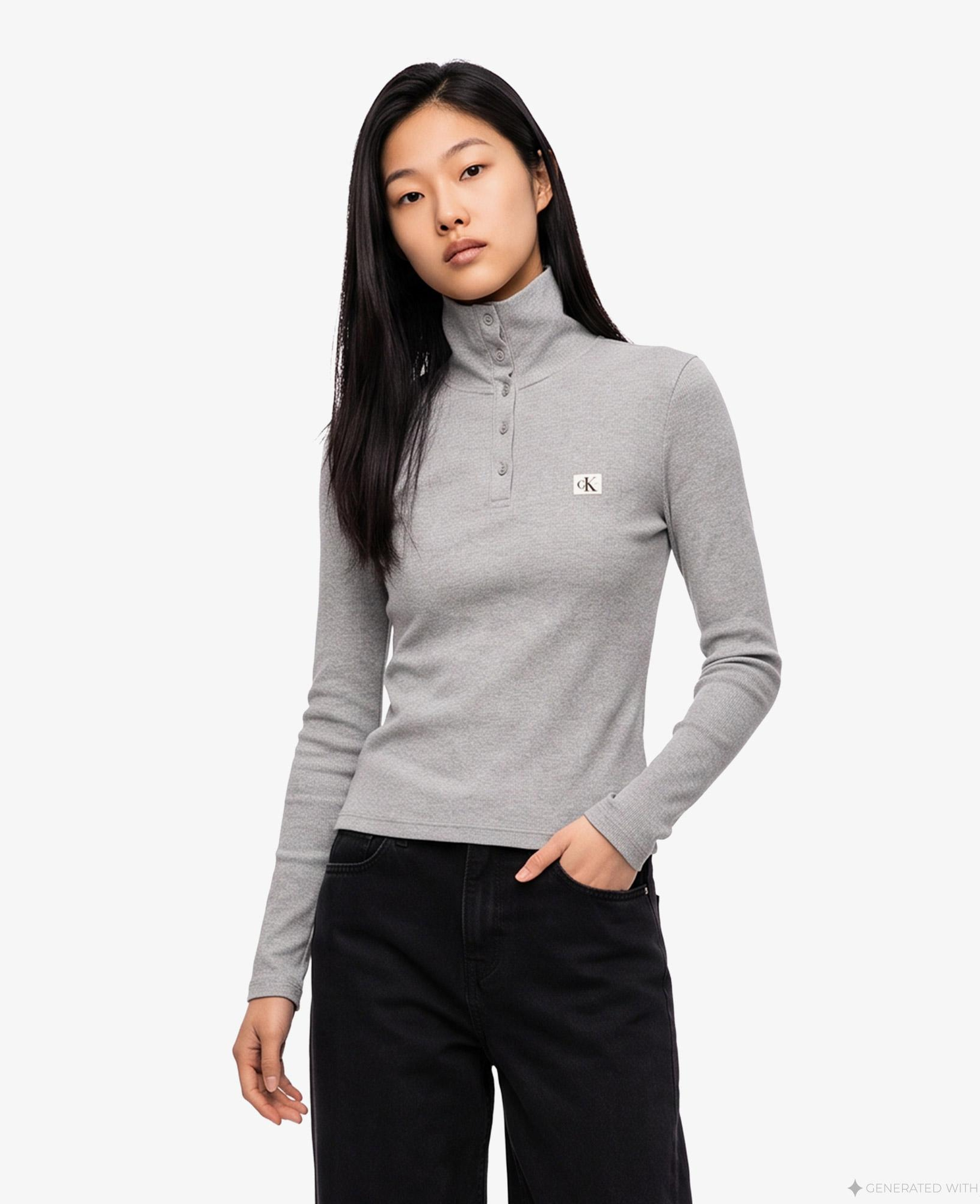 Calvin Klein Woven Label Henley Kadın Gri T-Shirt