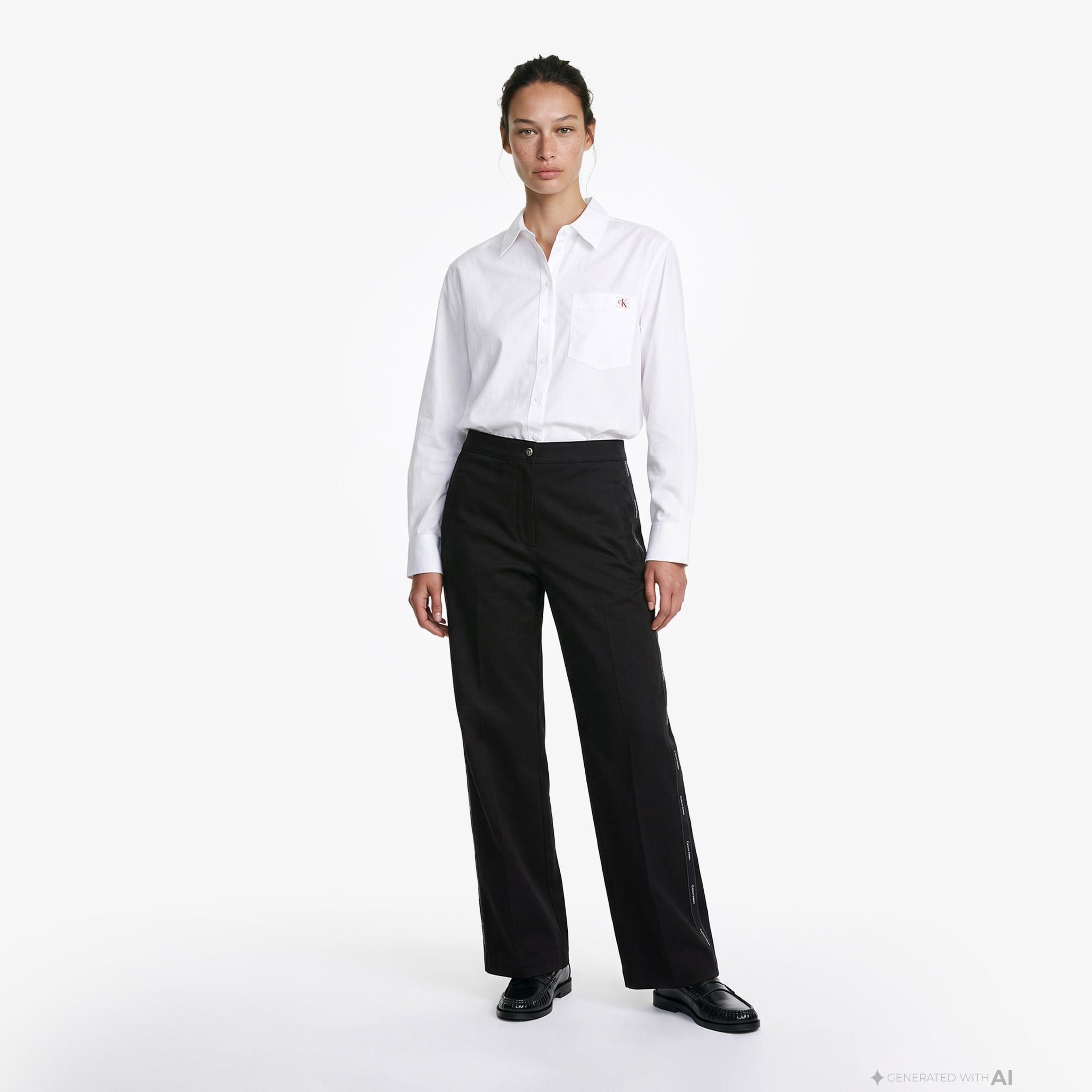 Calvin Klein Cotton Twill Logo Stripe Kadın Siyah Pantolon