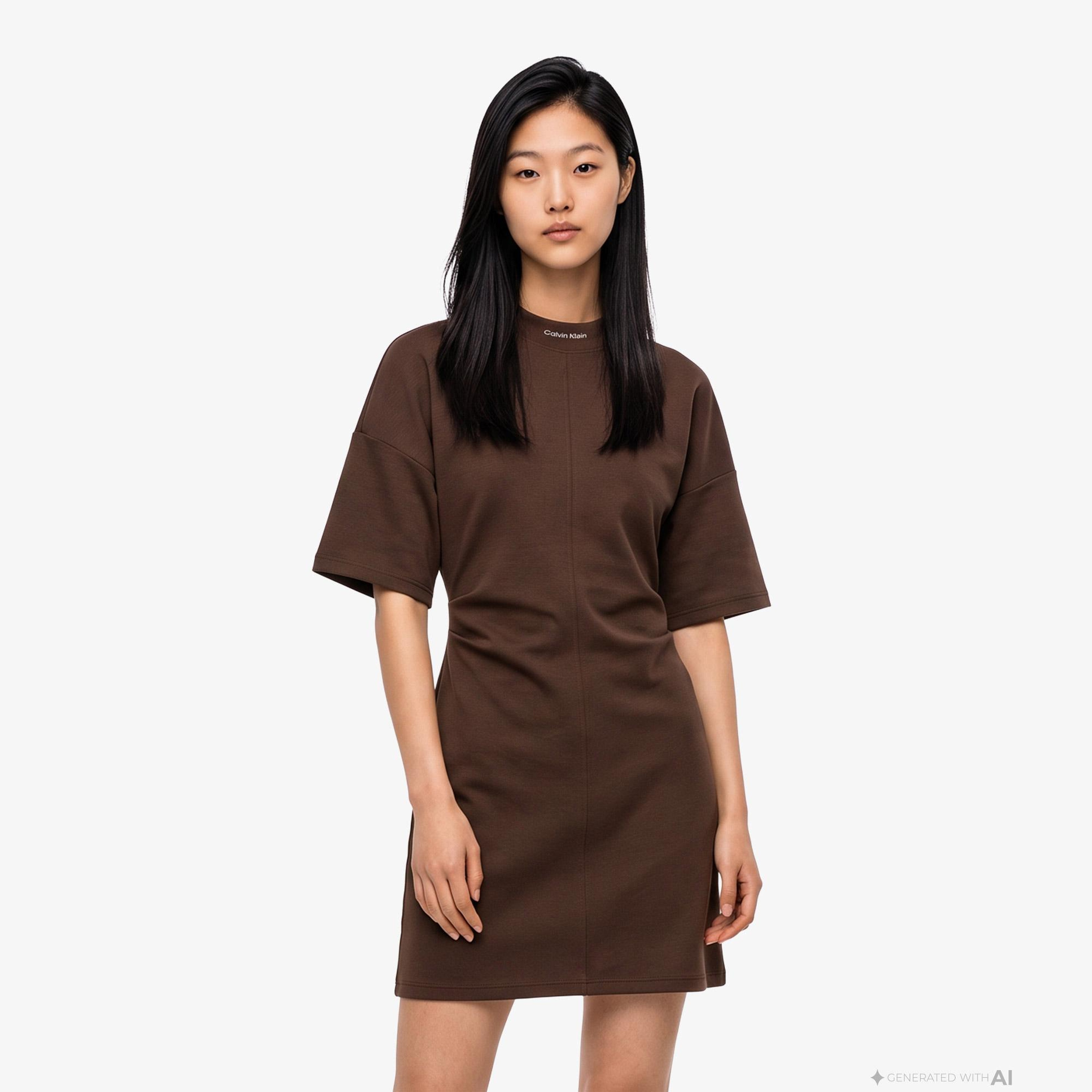 Calvin Klein Logo Rib Interlock Kadın Kahverengi Elbise