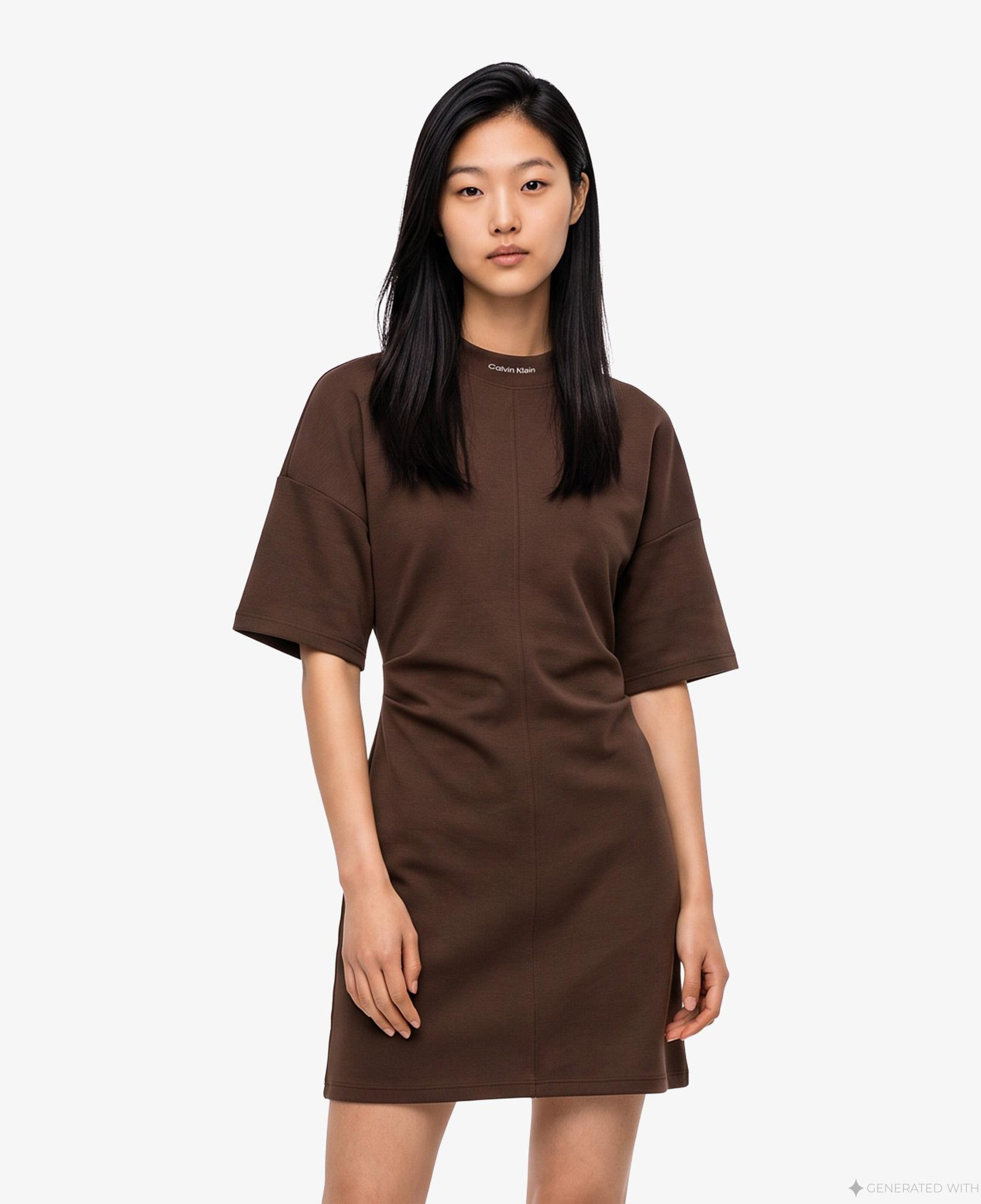 Calvin Klein Logo Rib Interlock Kadın Kahverengi Elbise