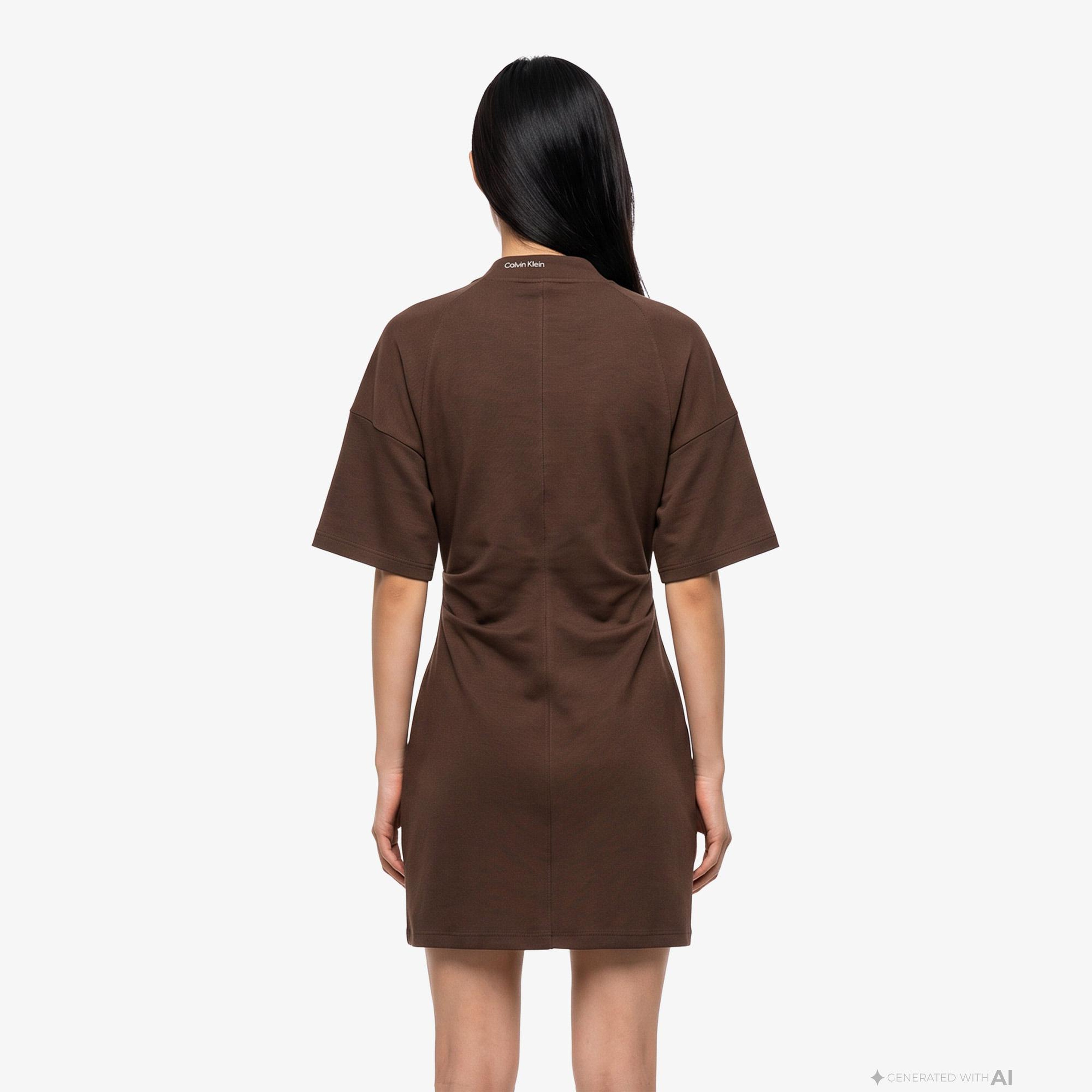 Calvin Klein Logo Rib Interlock Kadın Kahverengi Elbise