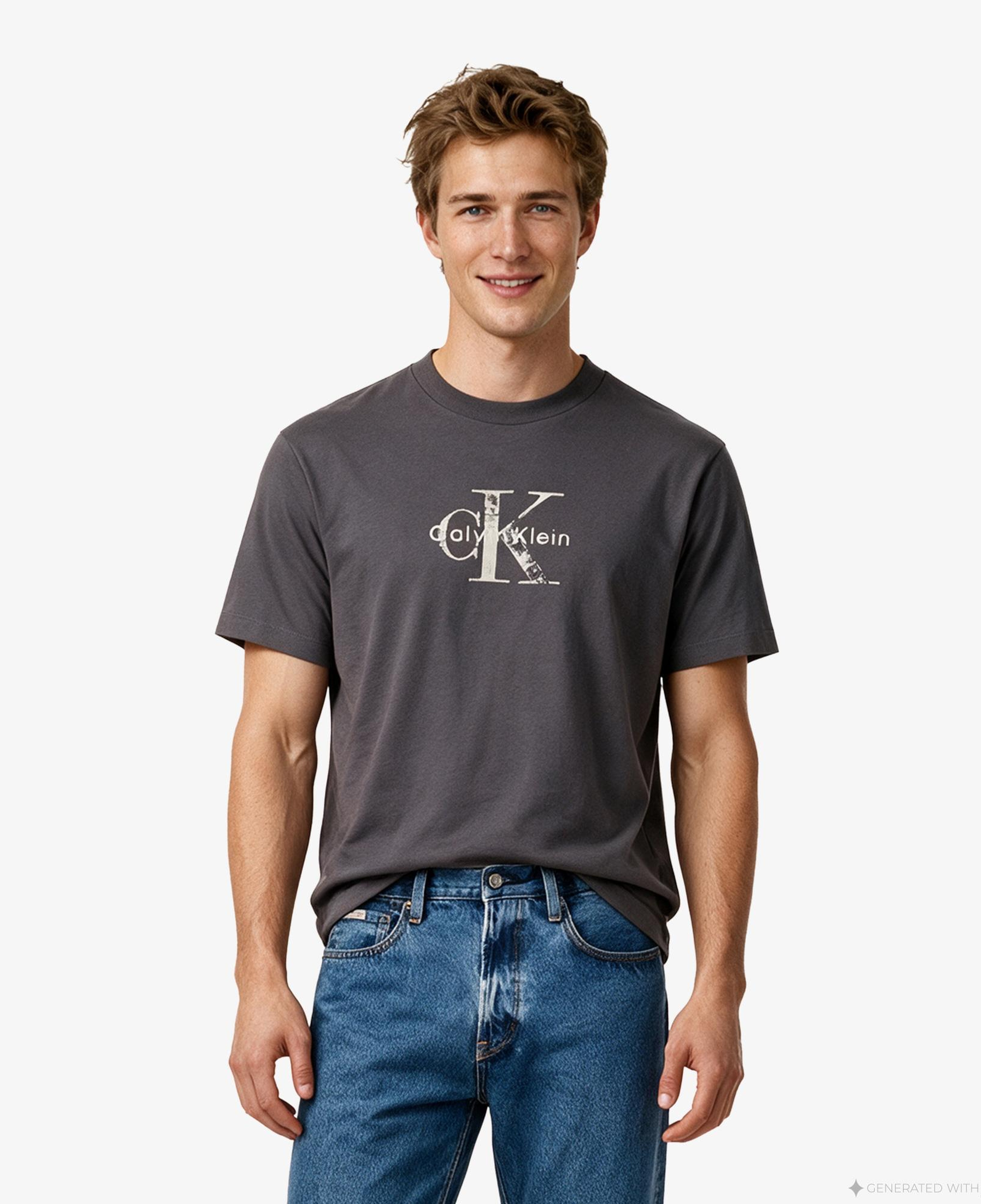 Calvin Klein 20S Distressd Monologo Graphic Erkek Gri T-Shirt