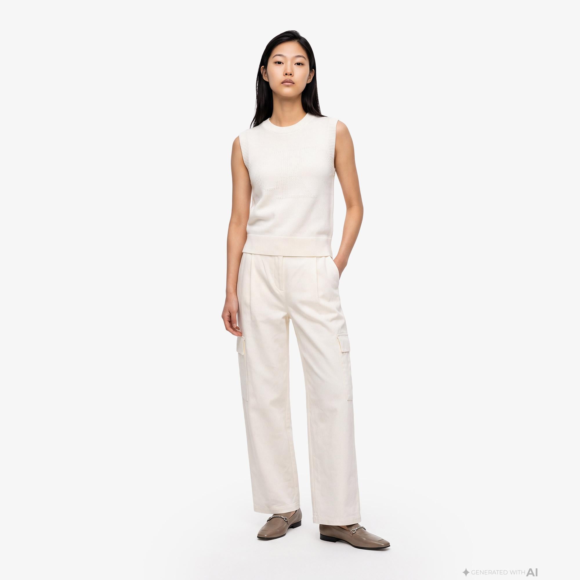 Calvin Klein Cotton EWaist Cargo Kadın Beyaz Pantolon