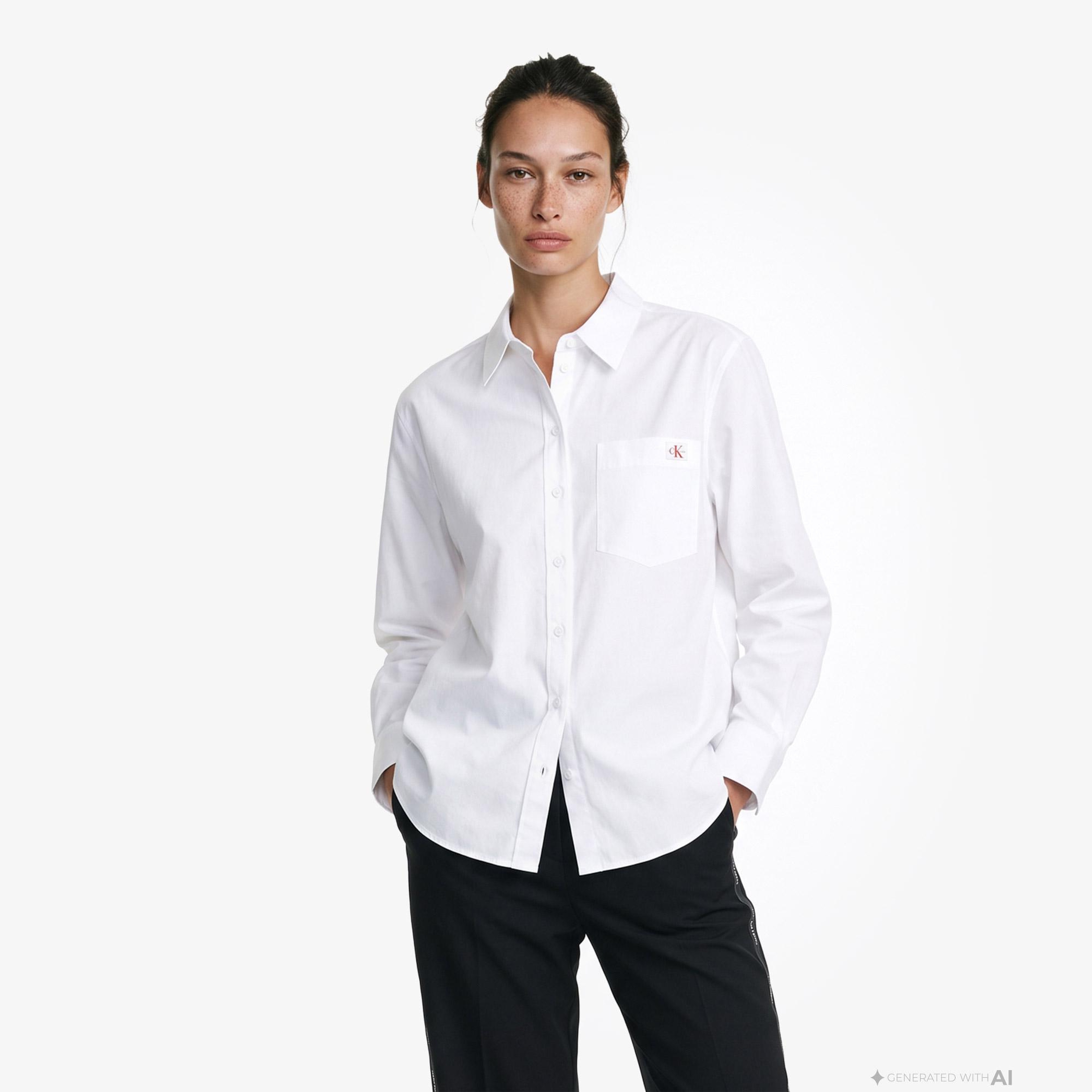 Calvin Klein Cotton Poplin Relaxed Woven Kadın Beyaz Gömlek