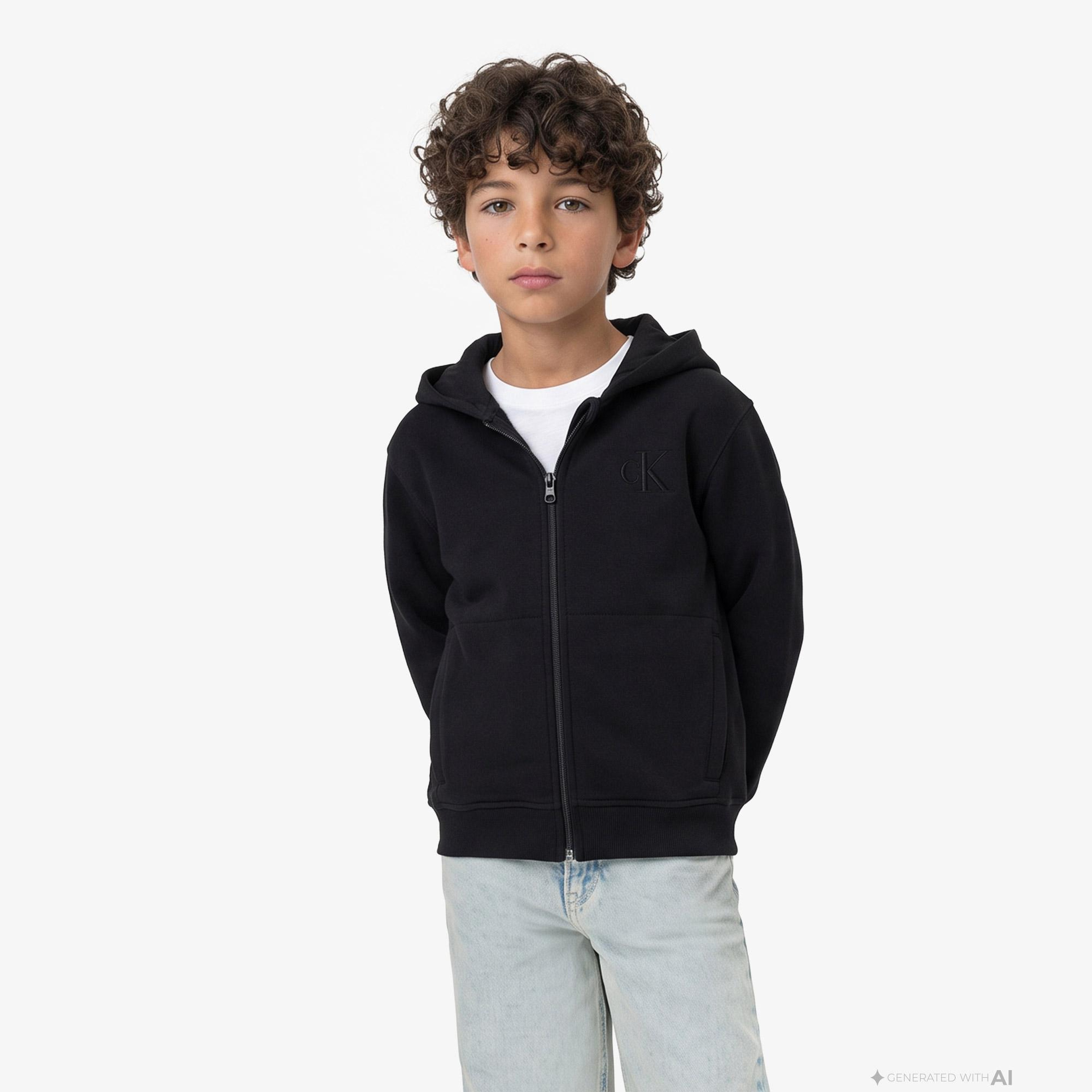 Calvin Klein Monogram Flock Zipthru Çocuk Siyah Sweatshirt