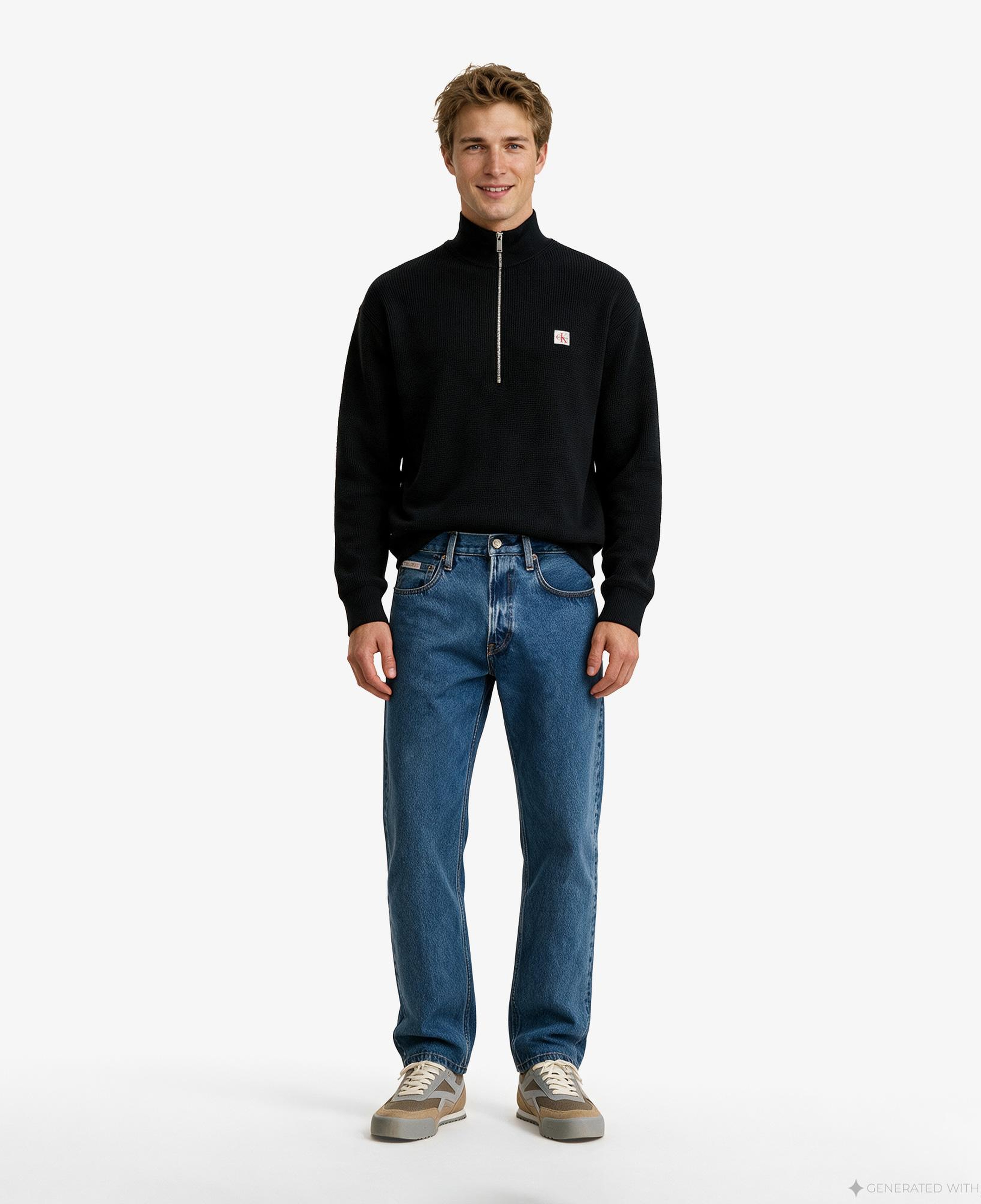 Calvin Klein Classic Cotton Wfle QZip Erkek Siyah Triko