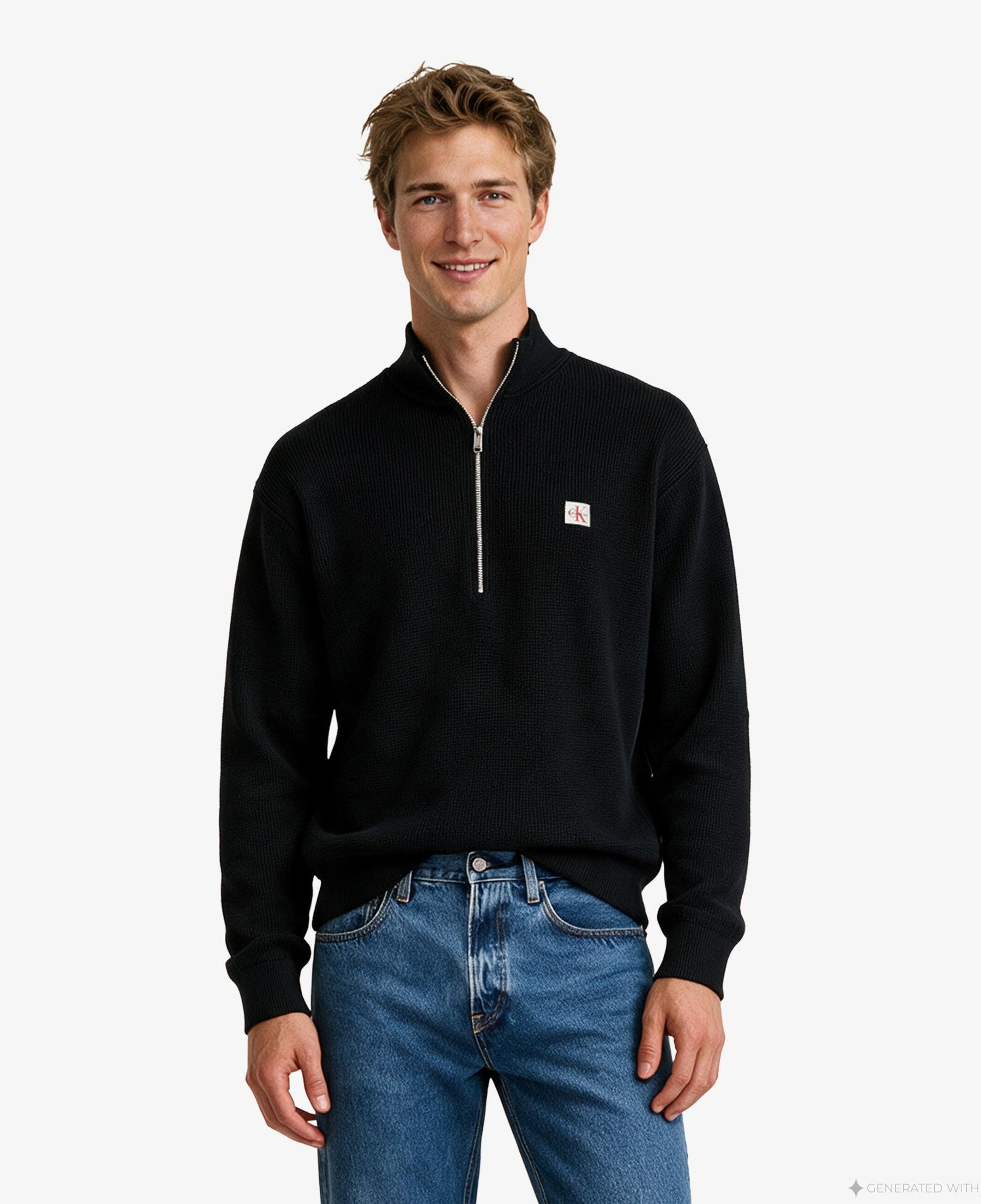 Calvin Klein Classic Cotton Wfle QZip Erkek Siyah Triko