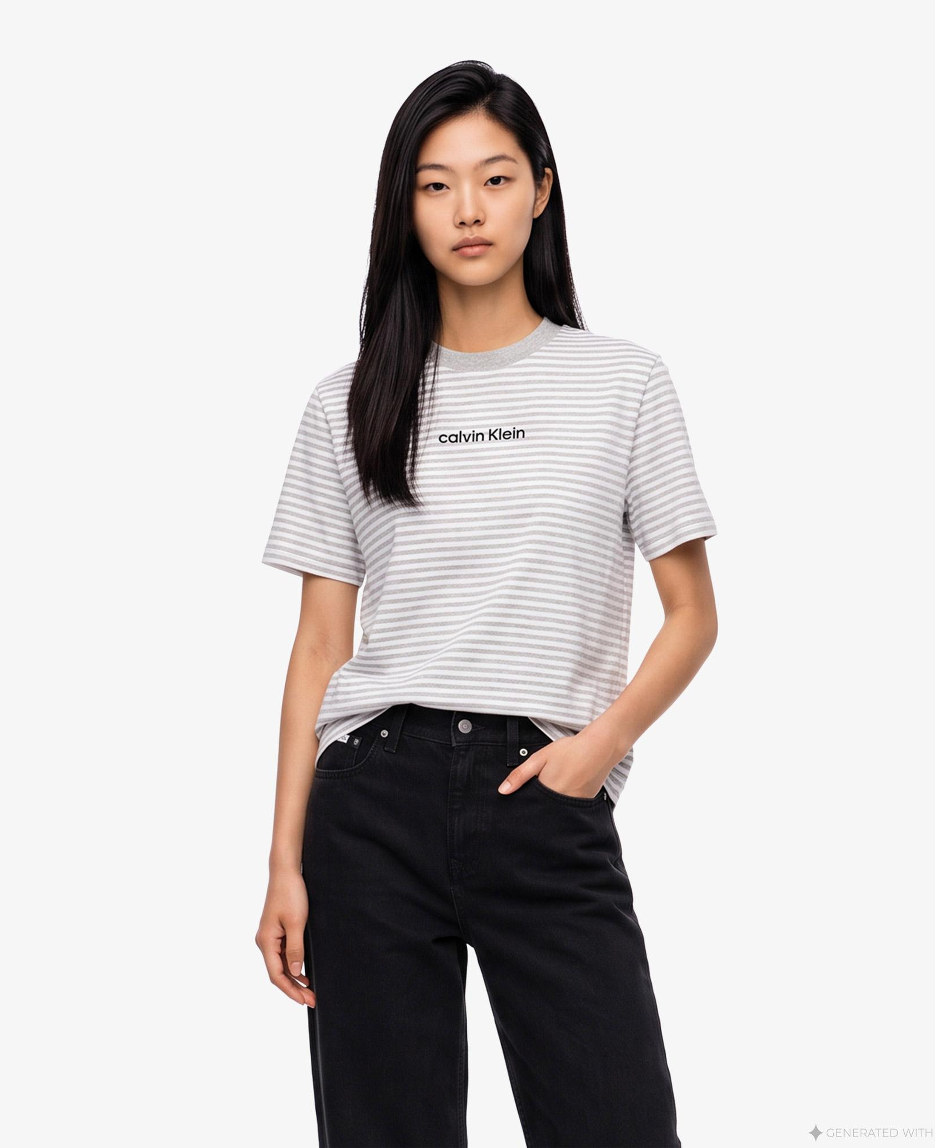 Calvin Klein Classic Stripe Logo Kadın Gri T-Shirt