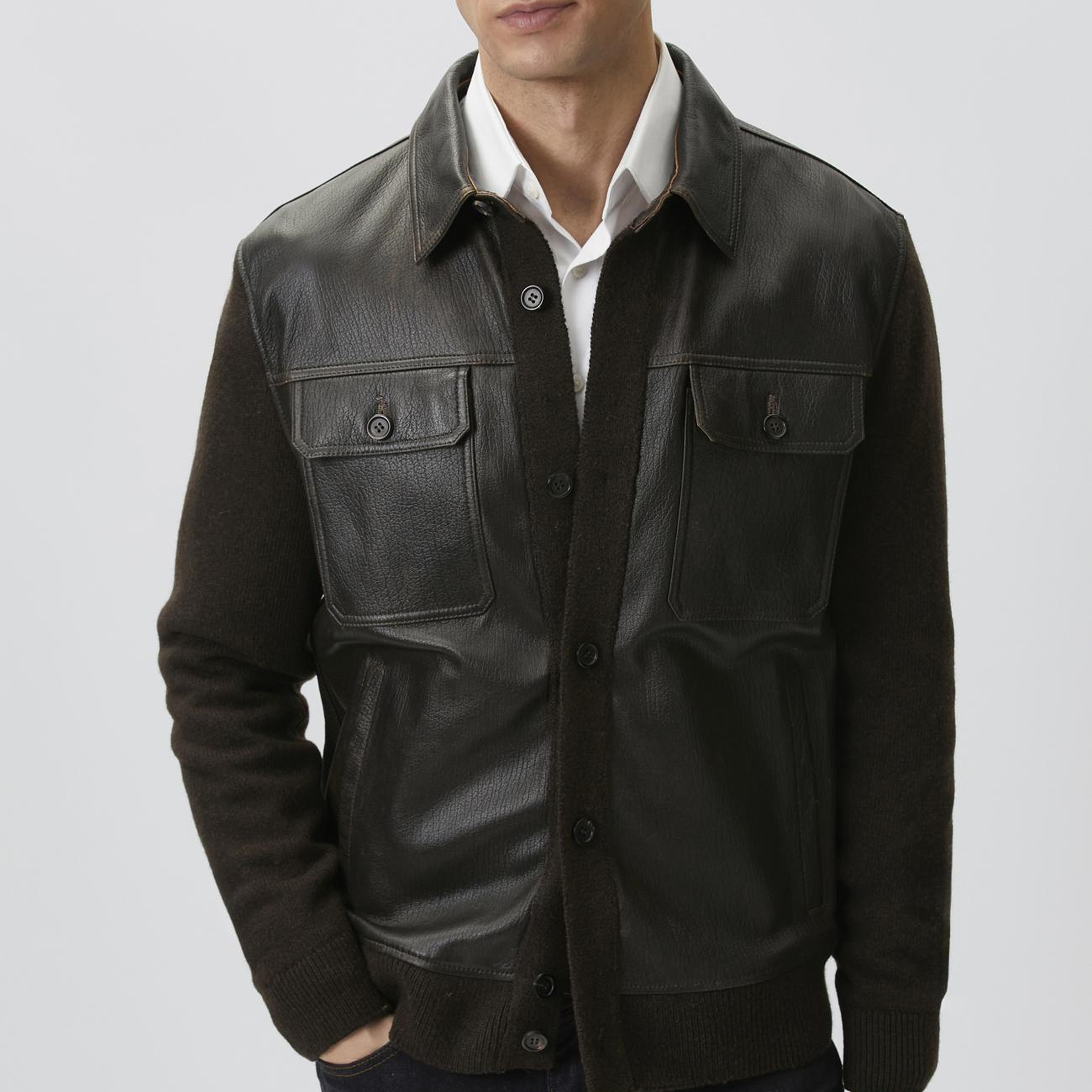 Network Erkek Kahverengi Kolu Triko Detaylı Deri Mont