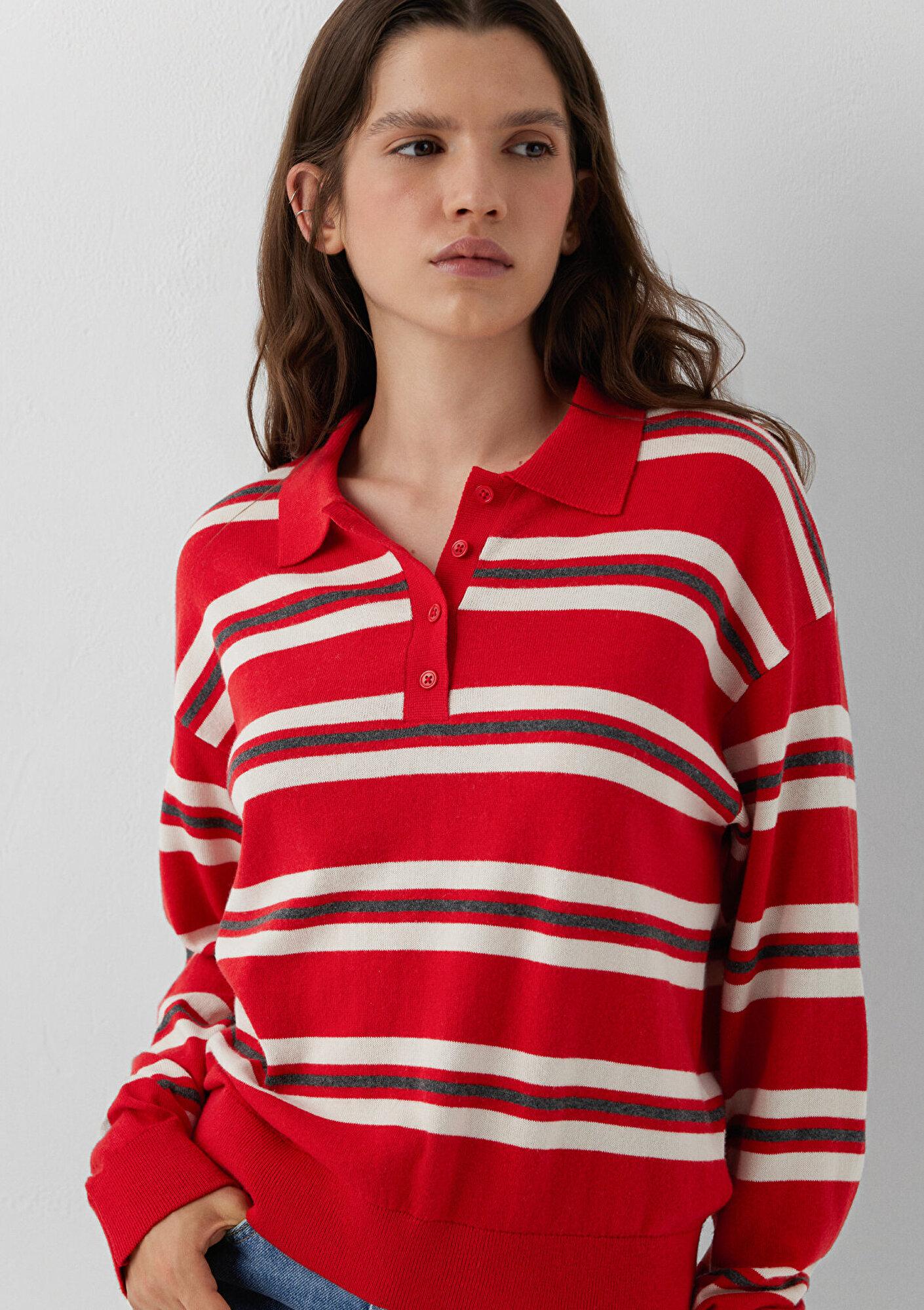 Mavi Çizgili Polo Yaka Kırmızı Triko Regular Fit / Normal Kesim 1711026-91568
