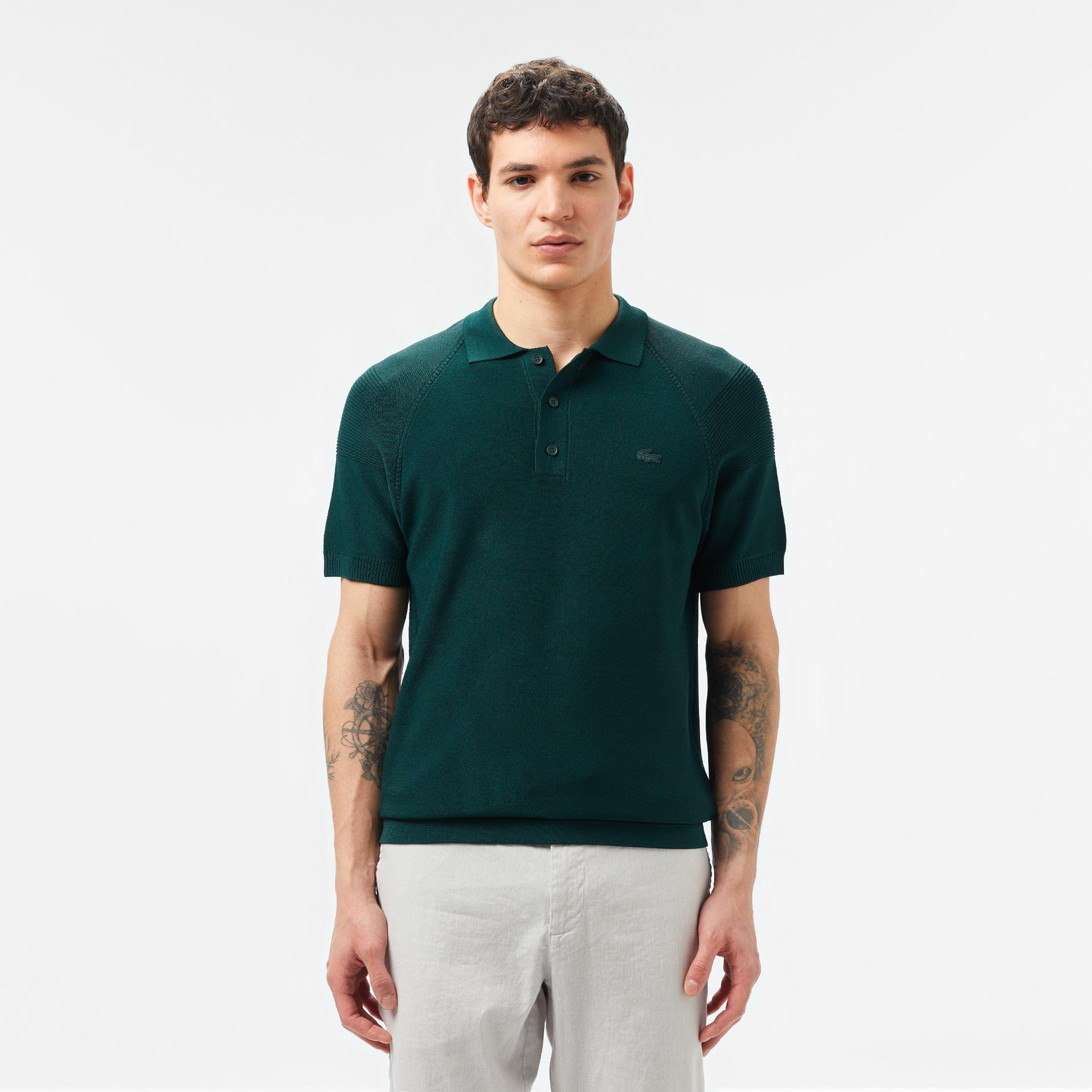 Erkek Regular Fit Kısa Kollu Polo Yaka Koyu Yeşil Triko